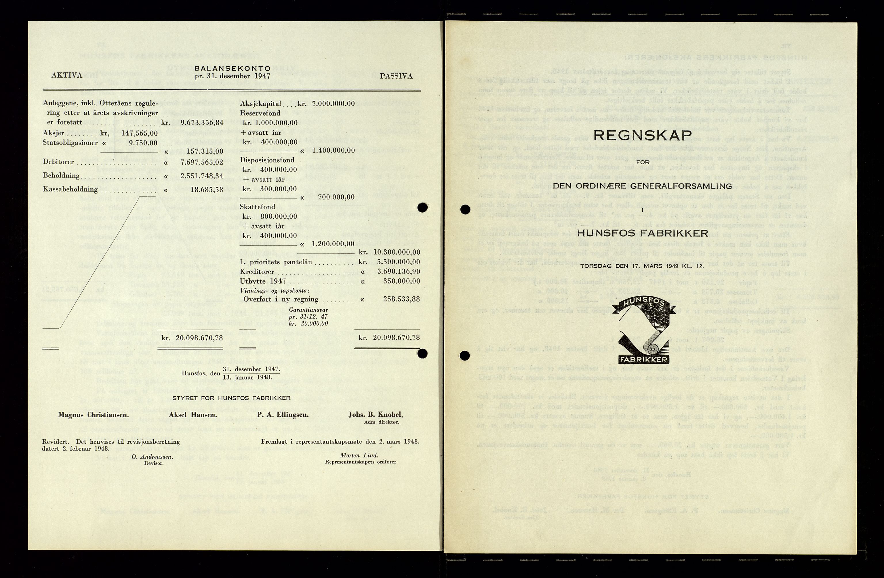Hunsfos fabrikker, AV/SAK-D/1440/01/L0001/0003: Vedtekter, anmeldelser og årsberetninger / Årsberetninger og regnskap, 1918-1989, p. 101