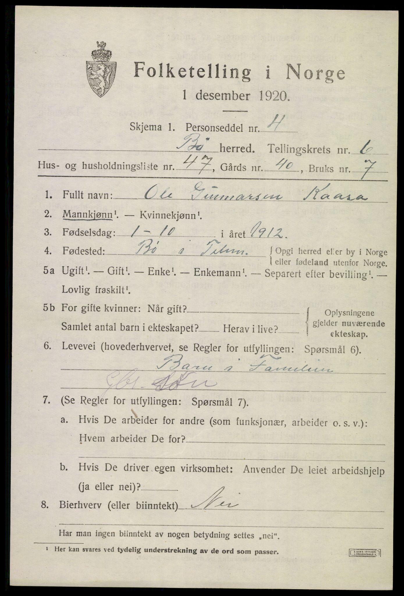 SAKO, 1920 census for Bø (Telemark), 1920, p. 4918