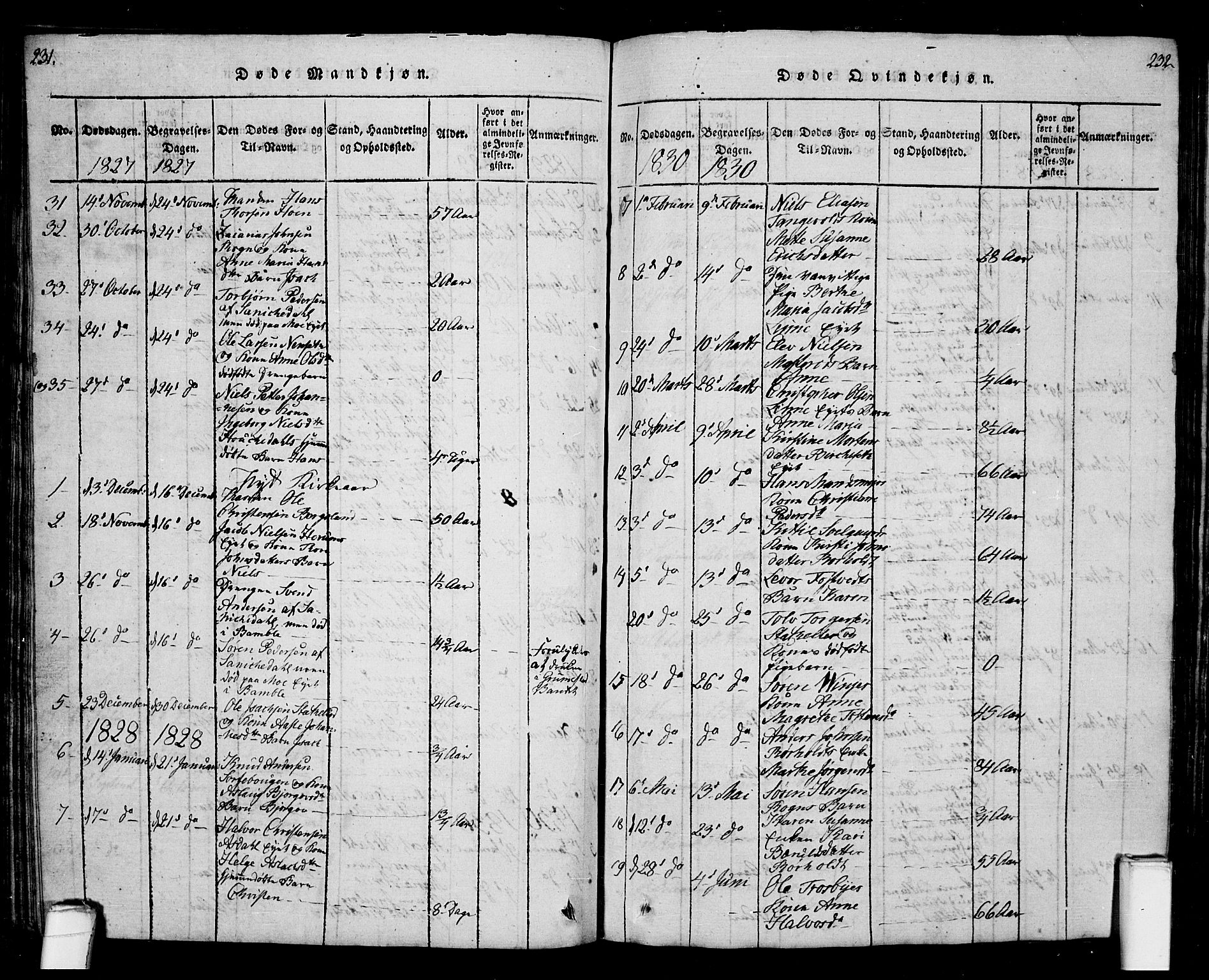 Bamble kirkebøker, SAKO/A-253/G/Ga/L0005: Parish register (copy) no. I 5, 1814-1855, p. 231-232