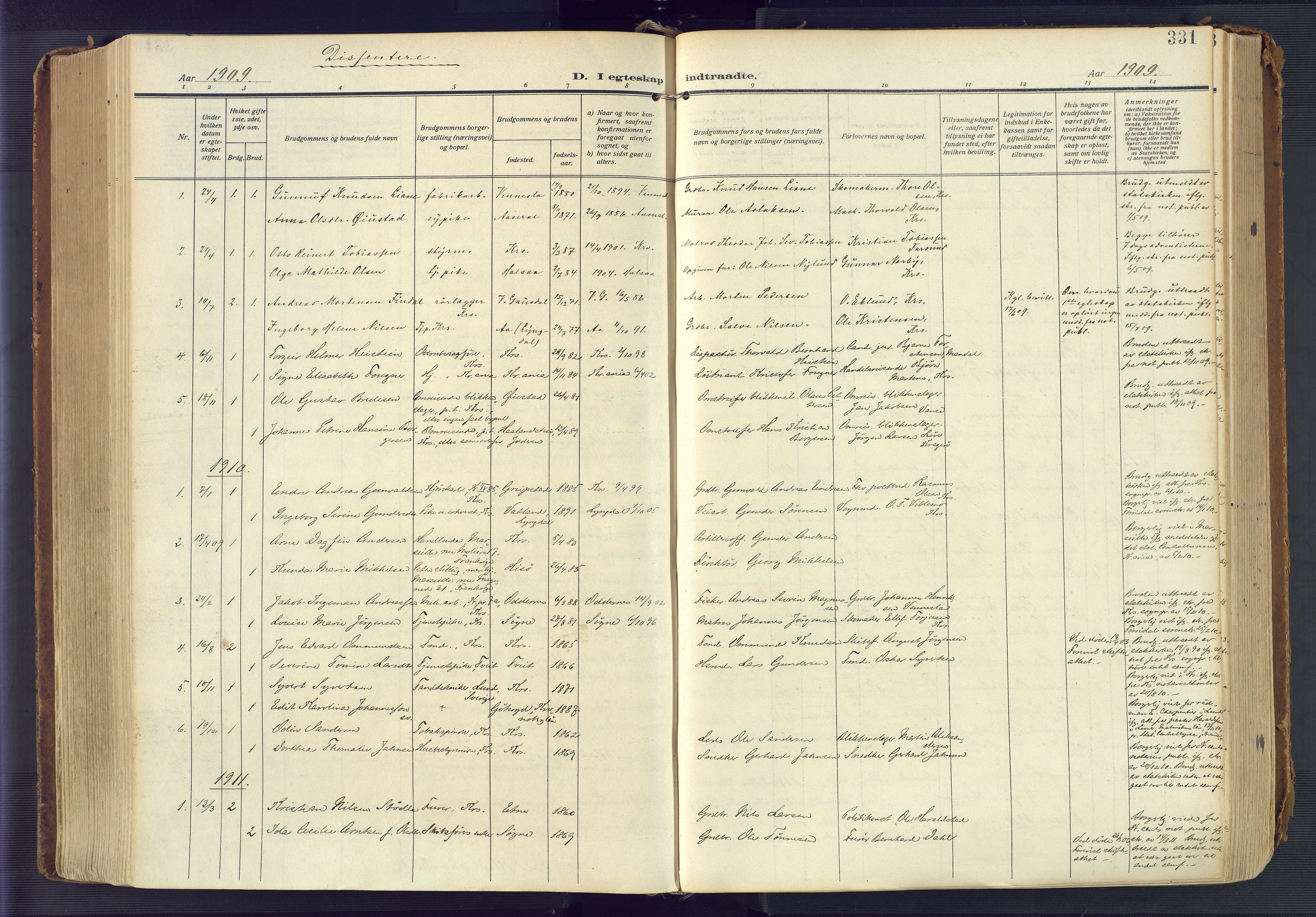 Kristiansand domprosti, SAK/1112-0006/F/Fa/L0023: Parish register (official) no. A 22, 1909-1917, p. 331