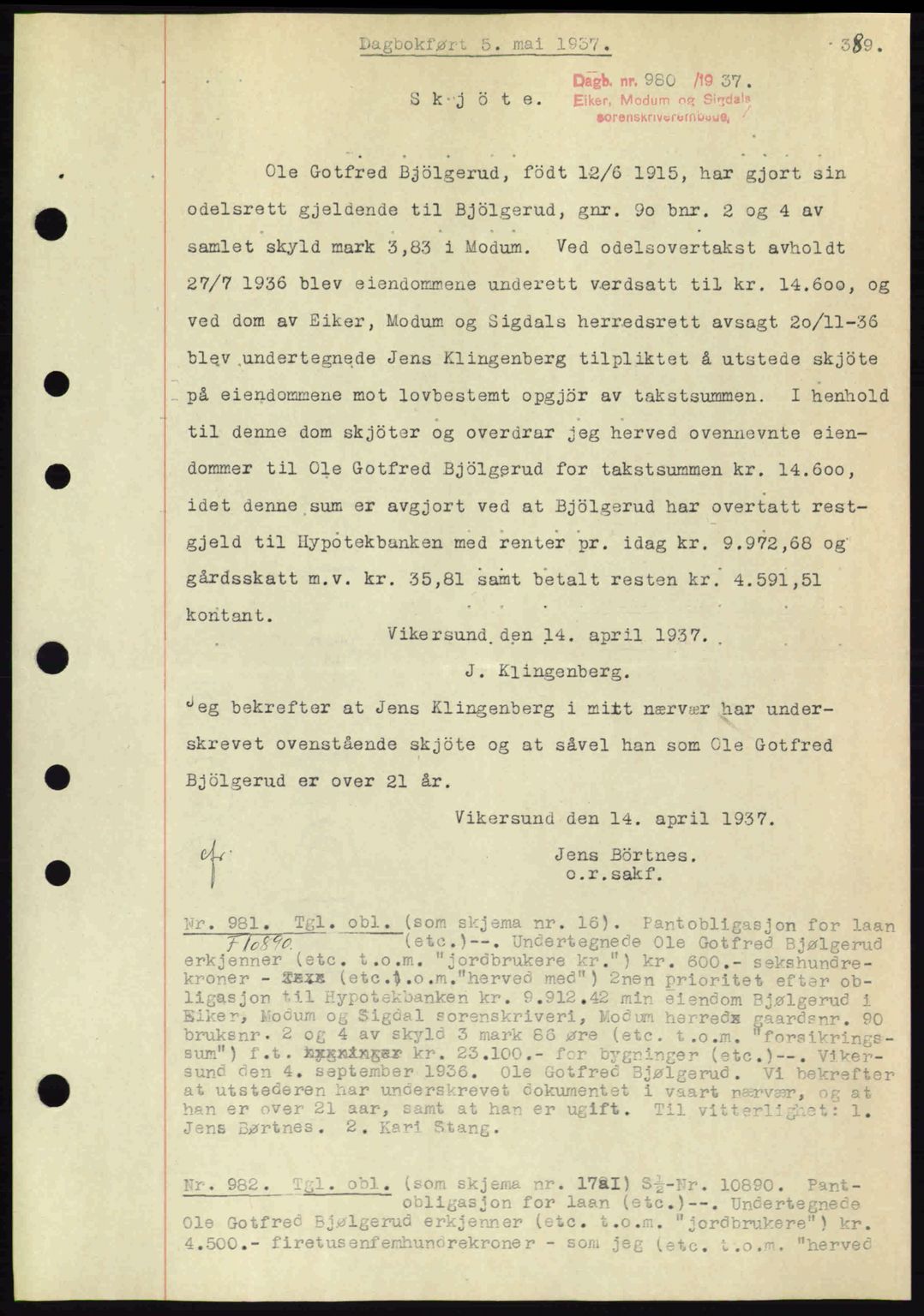 Eiker, Modum og Sigdal sorenskriveri, SAKO/A-123/G/Ga/Gab/L0035: Mortgage book no. A5, 1937-1937, Diary no: : 980/1937