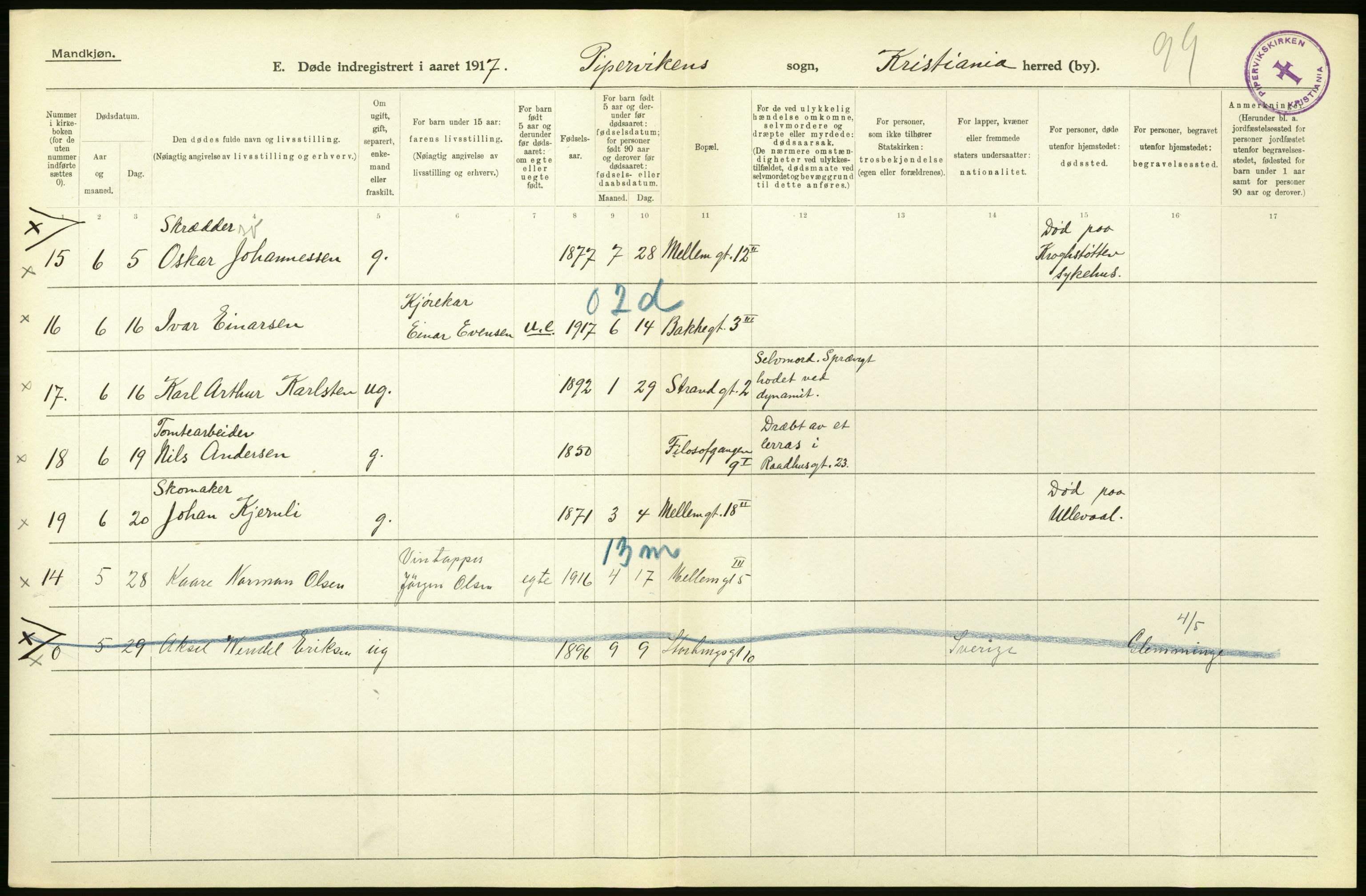 Statistisk sentralbyrå, Sosiodemografiske emner, Befolkning, AV/RA-S-2228/D/Df/Dfb/Dfbg/L0011: Kristiania: Døde, dødfødte., 1917, p. 8