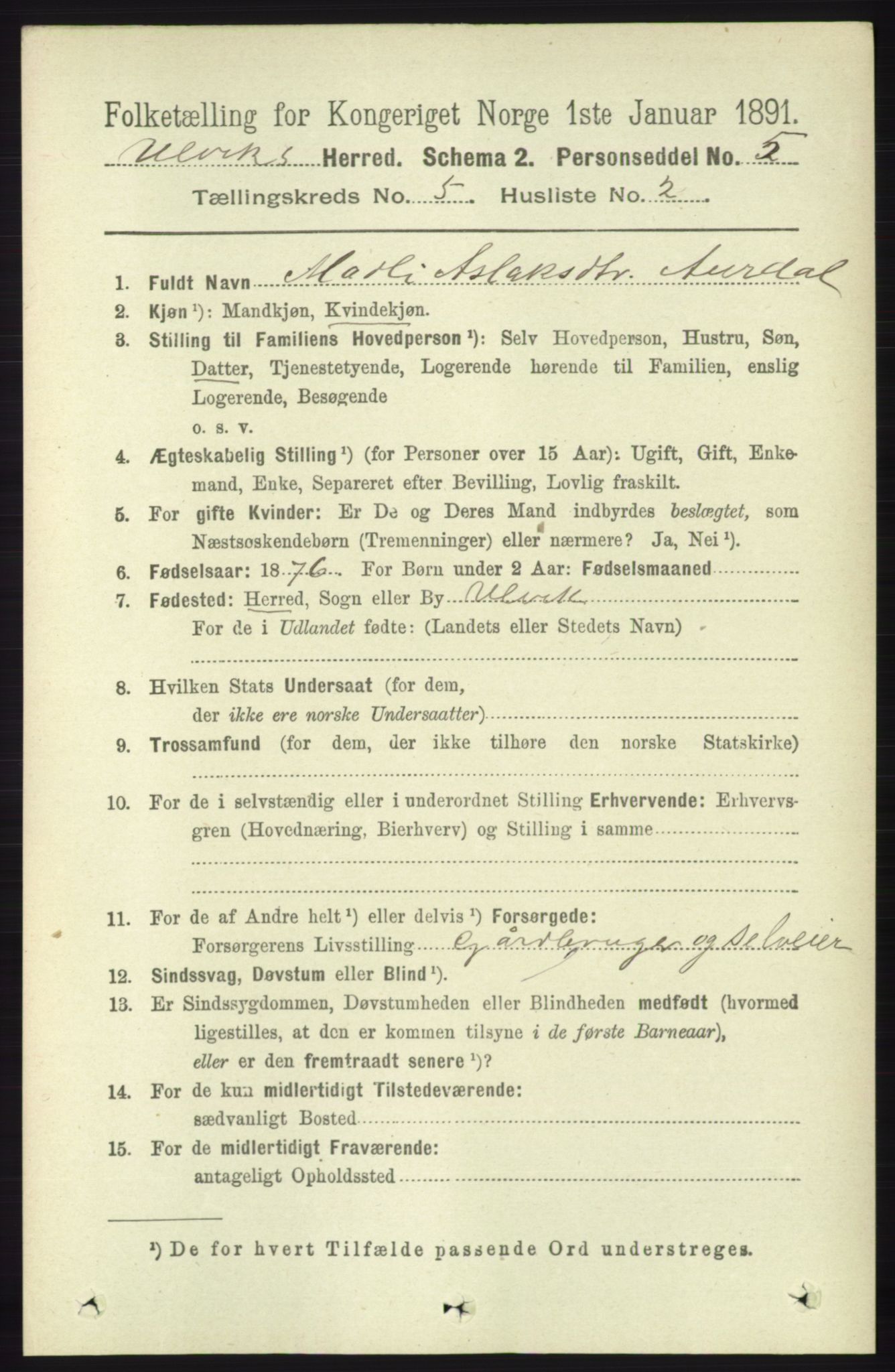 RA, 1891 census for 1233 Ulvik, 1891, p. 1410