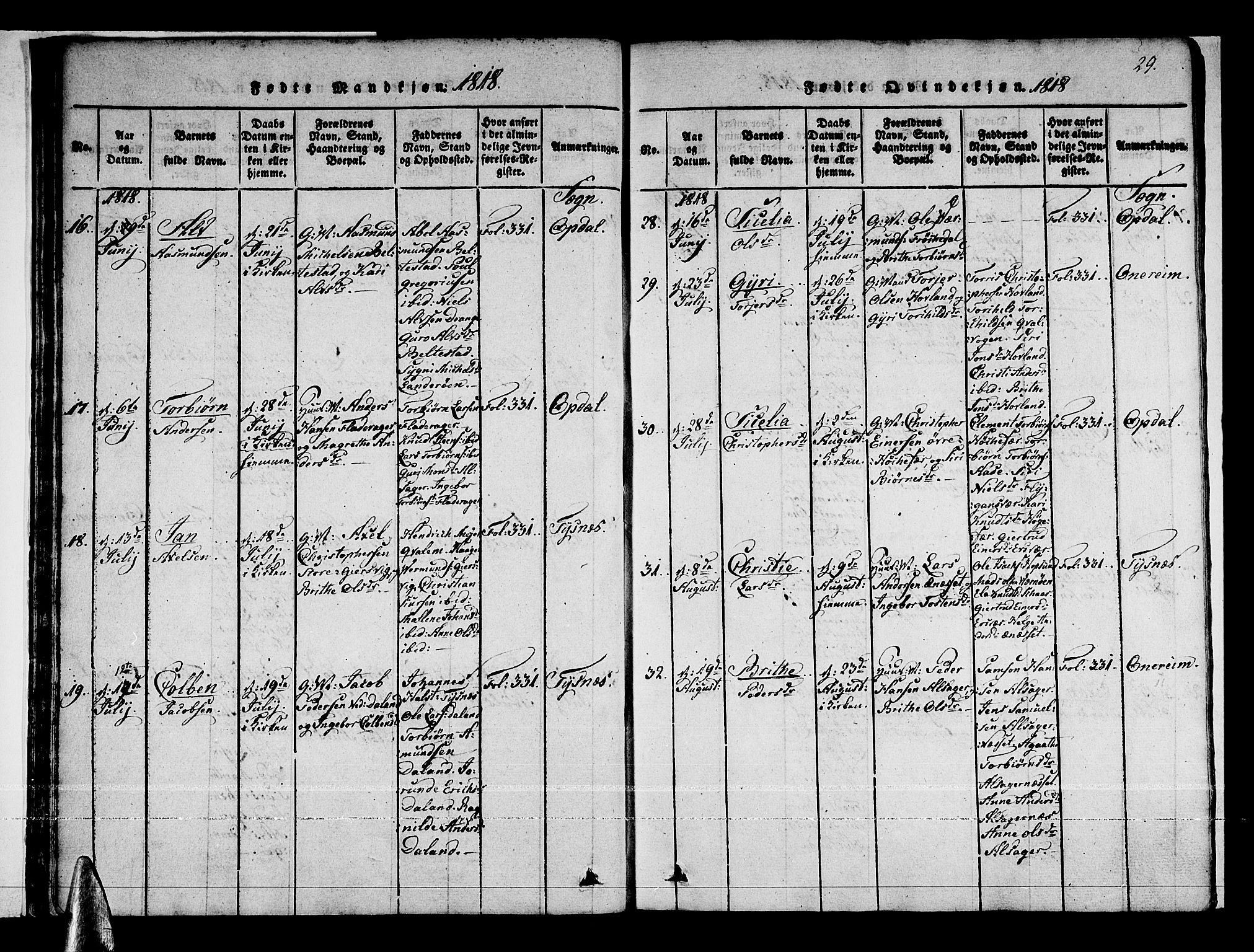 Tysnes sokneprestembete, AV/SAB-A-78601/H/Haa: Parish register (official) no. A 7, 1816-1826, p. 29