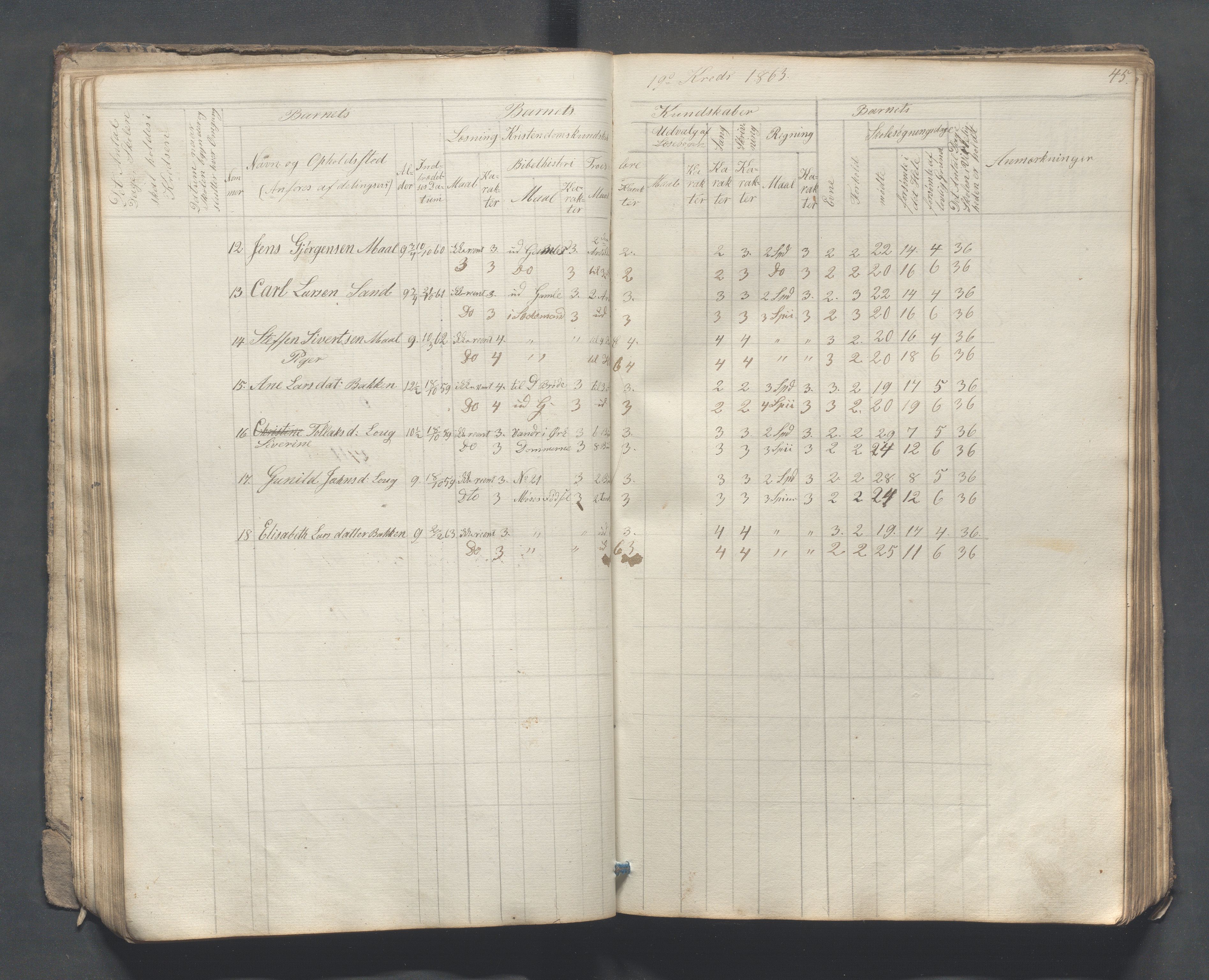 Sokndal kommune- Skolestyret/Skolekontoret, IKAR/K-101142/H/L0007: Skoleprotokoll - Sireheiens tredje omgangsskoledistrikt, 1855-1880, p. 45