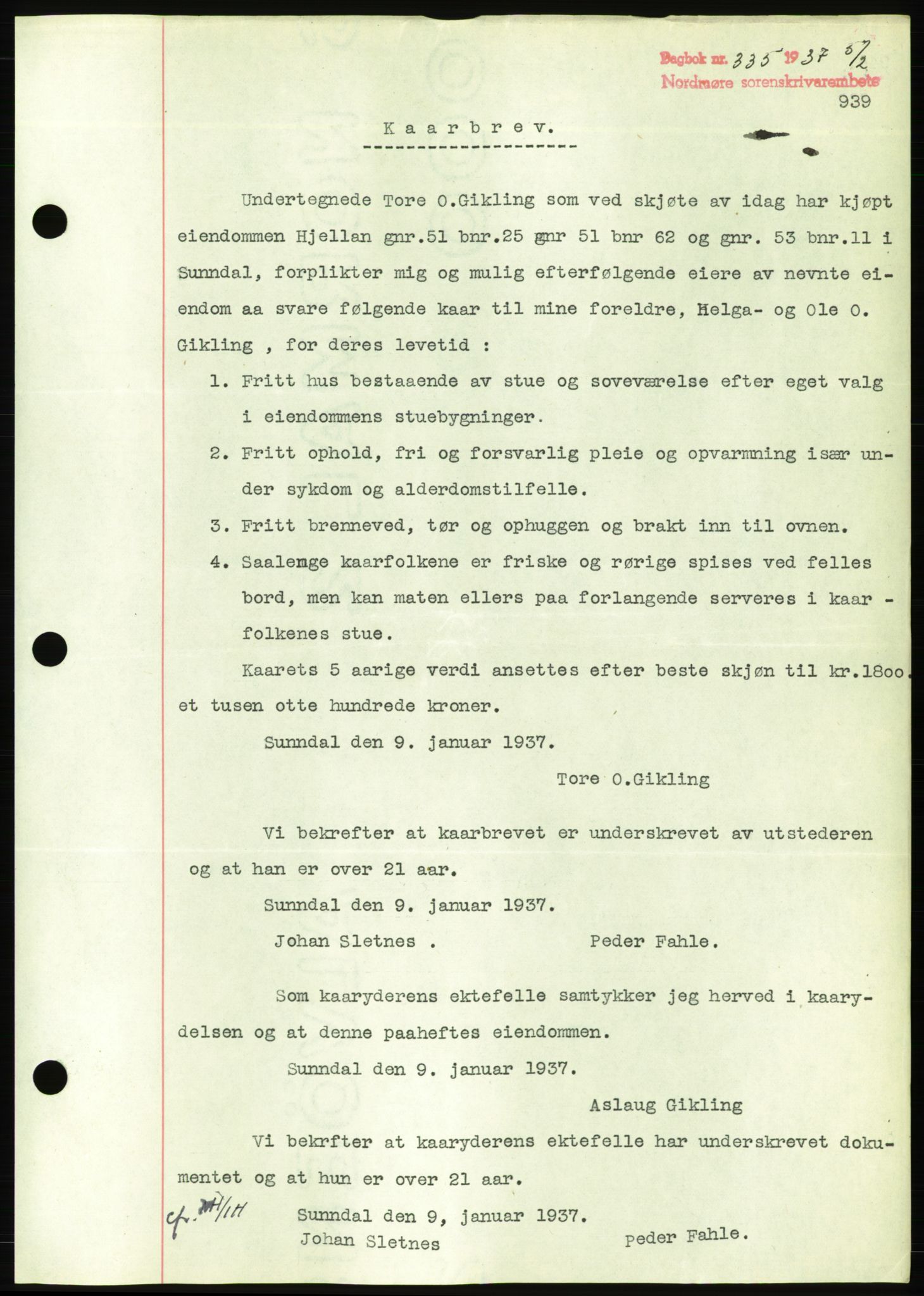 Nordmøre sorenskriveri, AV/SAT-A-4132/1/2/2Ca/L0090: Mortgage book no. B80, 1936-1937, Diary no: : 335/1937