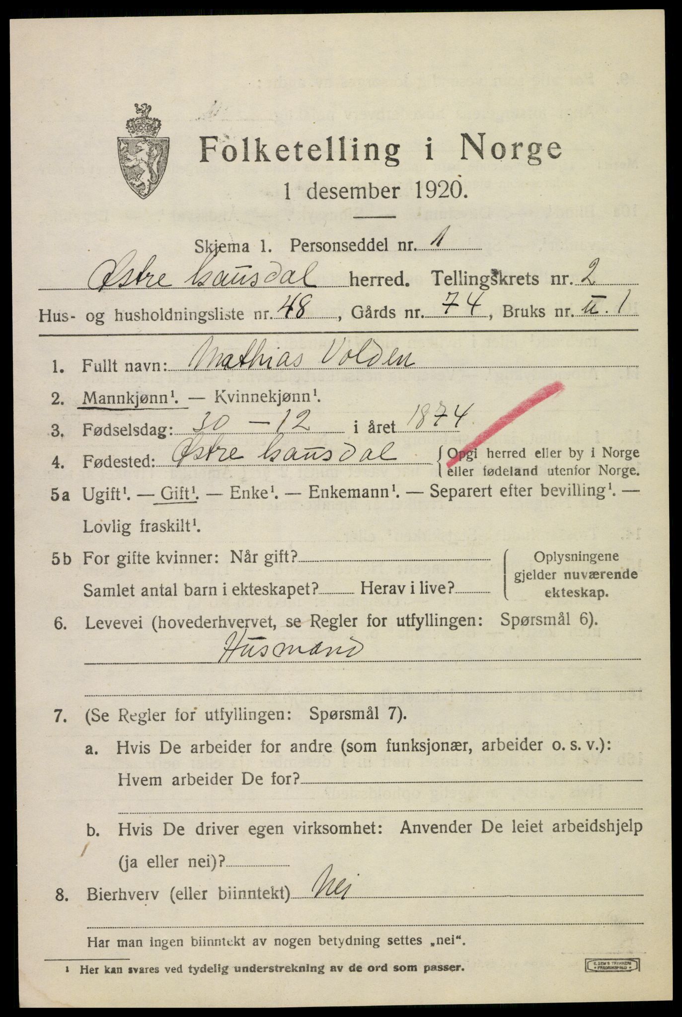 SAH, 1920 census for Østre Gausdal, 1920, p. 1890