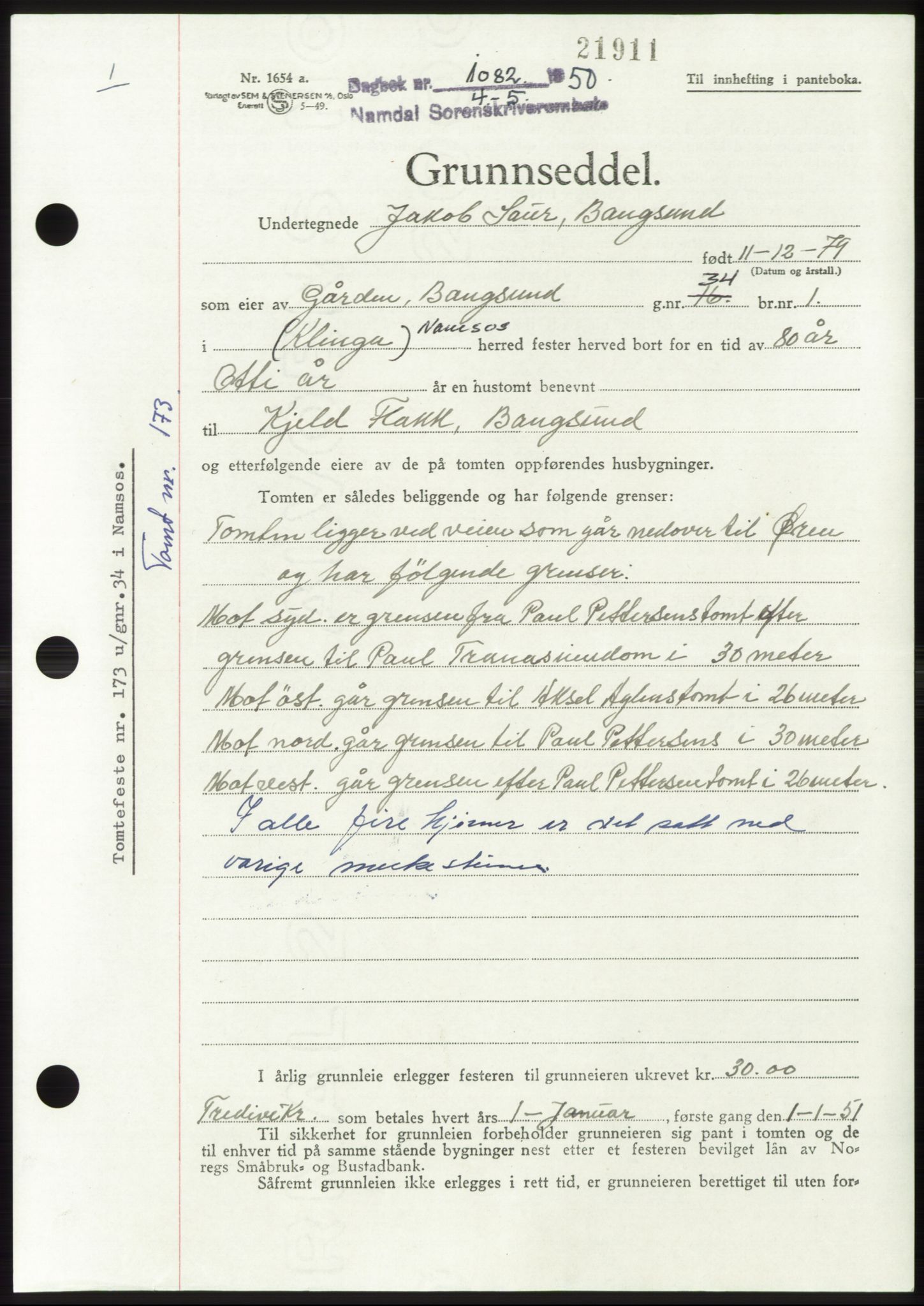 Namdal sorenskriveri, AV/SAT-A-4133/1/2/2C: Mortgage book no. -, 1950-1950, Diary no: : 1082/1950