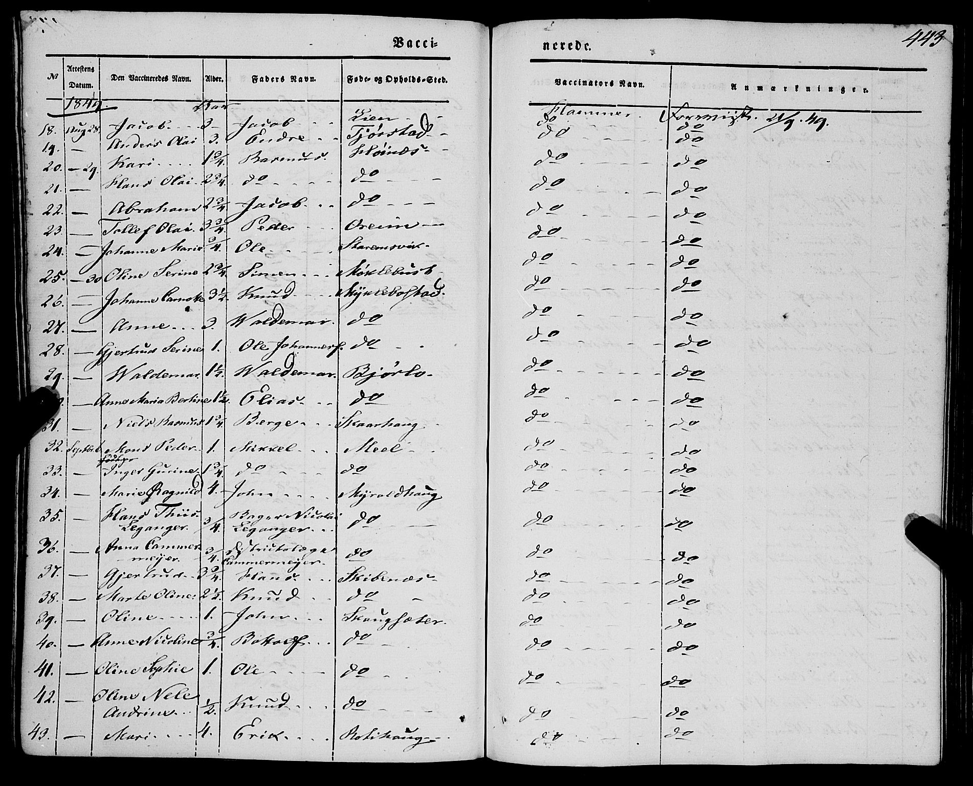 Eid sokneprestembete, AV/SAB-A-82301/H/Haa/Haaa/L0007: Parish register (official) no. A 7, 1844-1858, p. 443