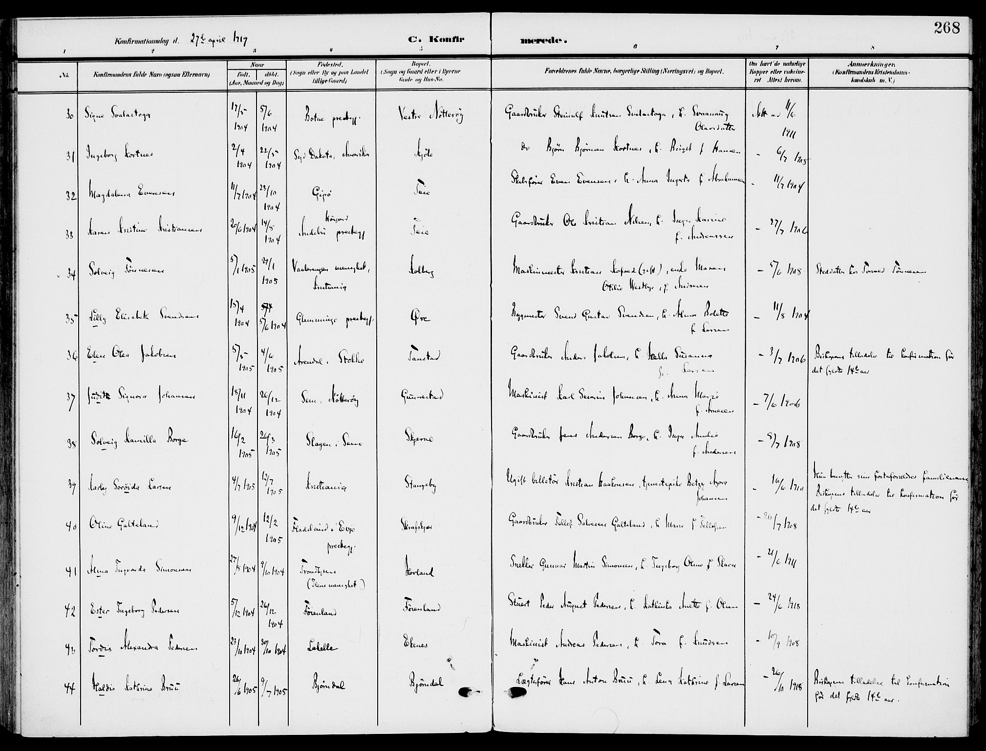 Nøtterøy kirkebøker, AV/SAKO-A-354/F/Fa/L0010: Parish register (official) no. I 10, 1908-1919, p. 268