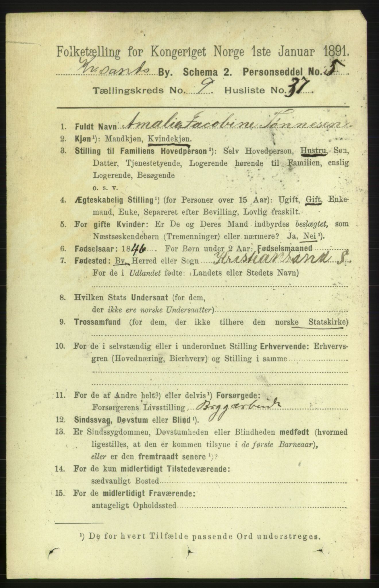 RA, 1891 census for 1001 Kristiansand, 1891, p. 5284