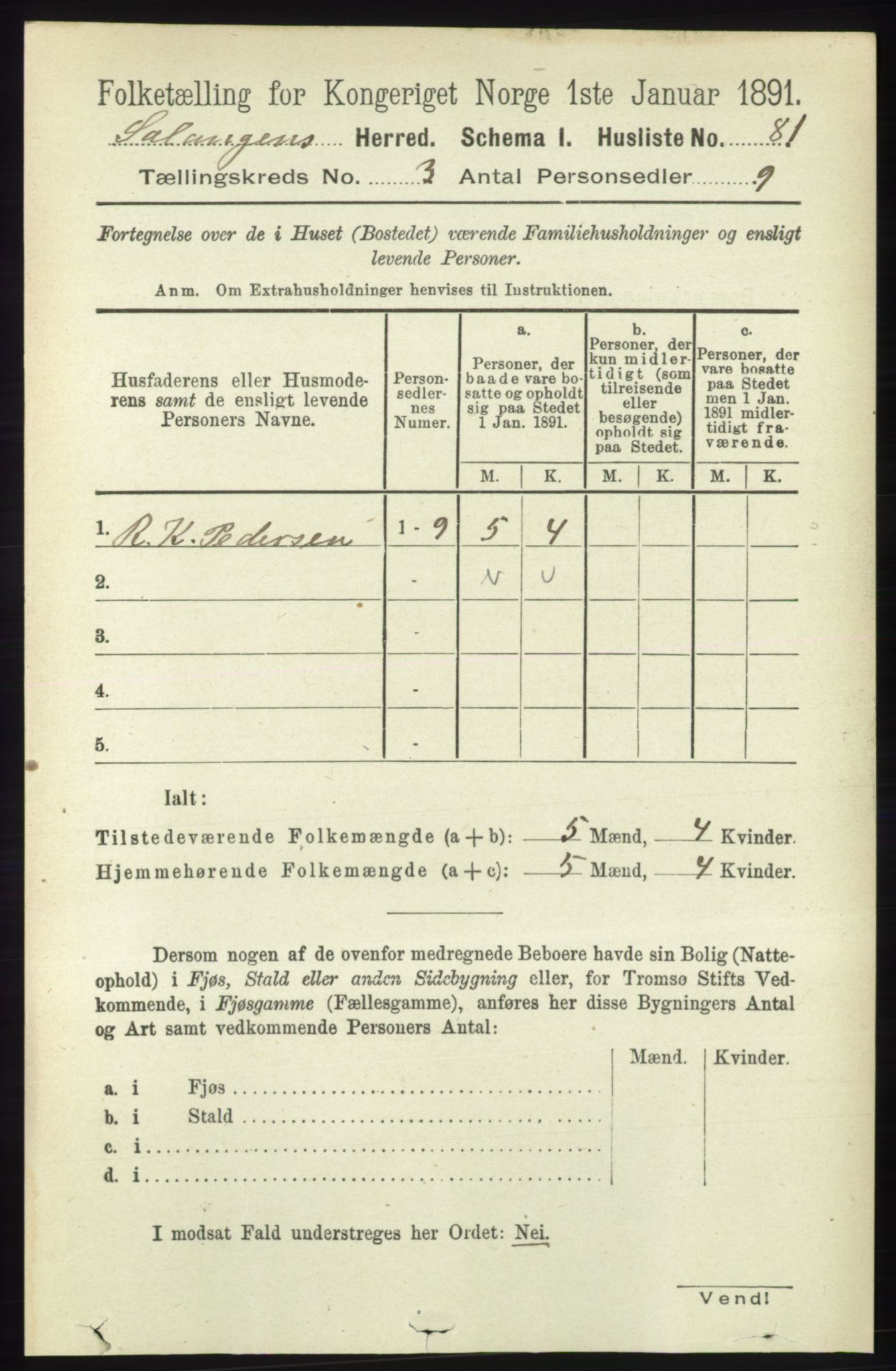 RA, 1891 census for 1921 Salangen, 1891, p. 1219