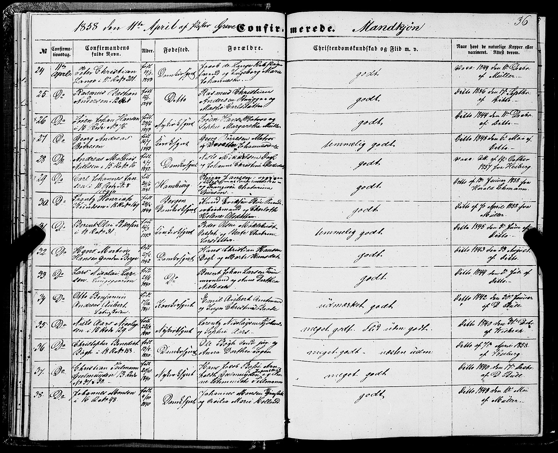 Domkirken sokneprestembete, AV/SAB-A-74801/H/Haa/L0028: Parish register (official) no. C 3, 1852-1864, p. 36