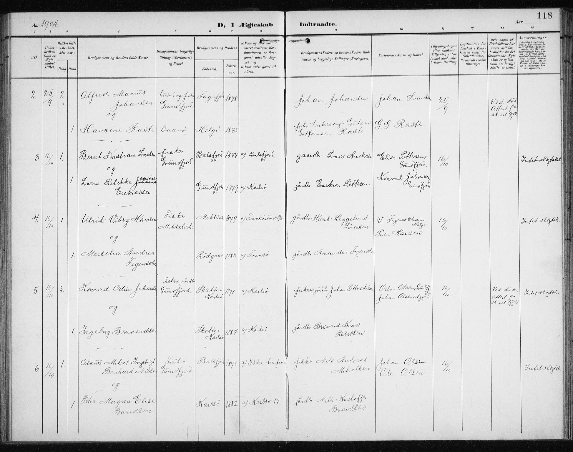 Karlsøy sokneprestembete, SATØ/S-1299/H/Ha/Haa/L0013kirke: Parish register (official) no. 13, 1902-1916, p. 118