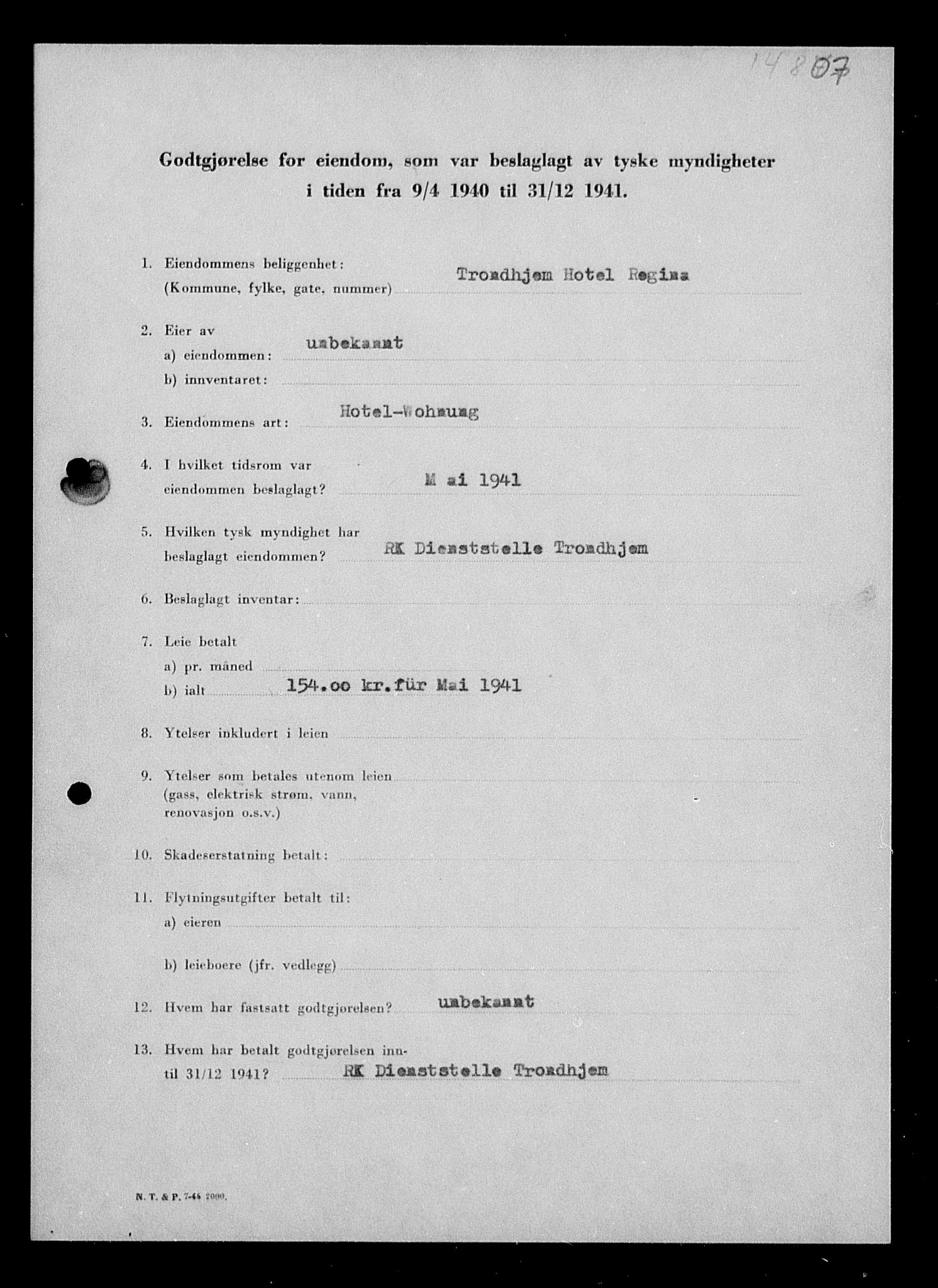 Justisdepartementet, Tilbakeføringskontoret for inndratte formuer, RA/S-1564/I/L1018: Godtgjørelse for beslaglagt eiendom, 1940-1941, p. 236