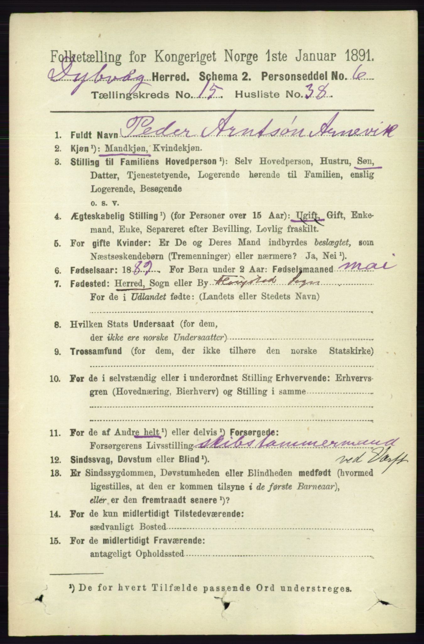 RA, 1891 census for 0915 Dypvåg, 1891, p. 6322