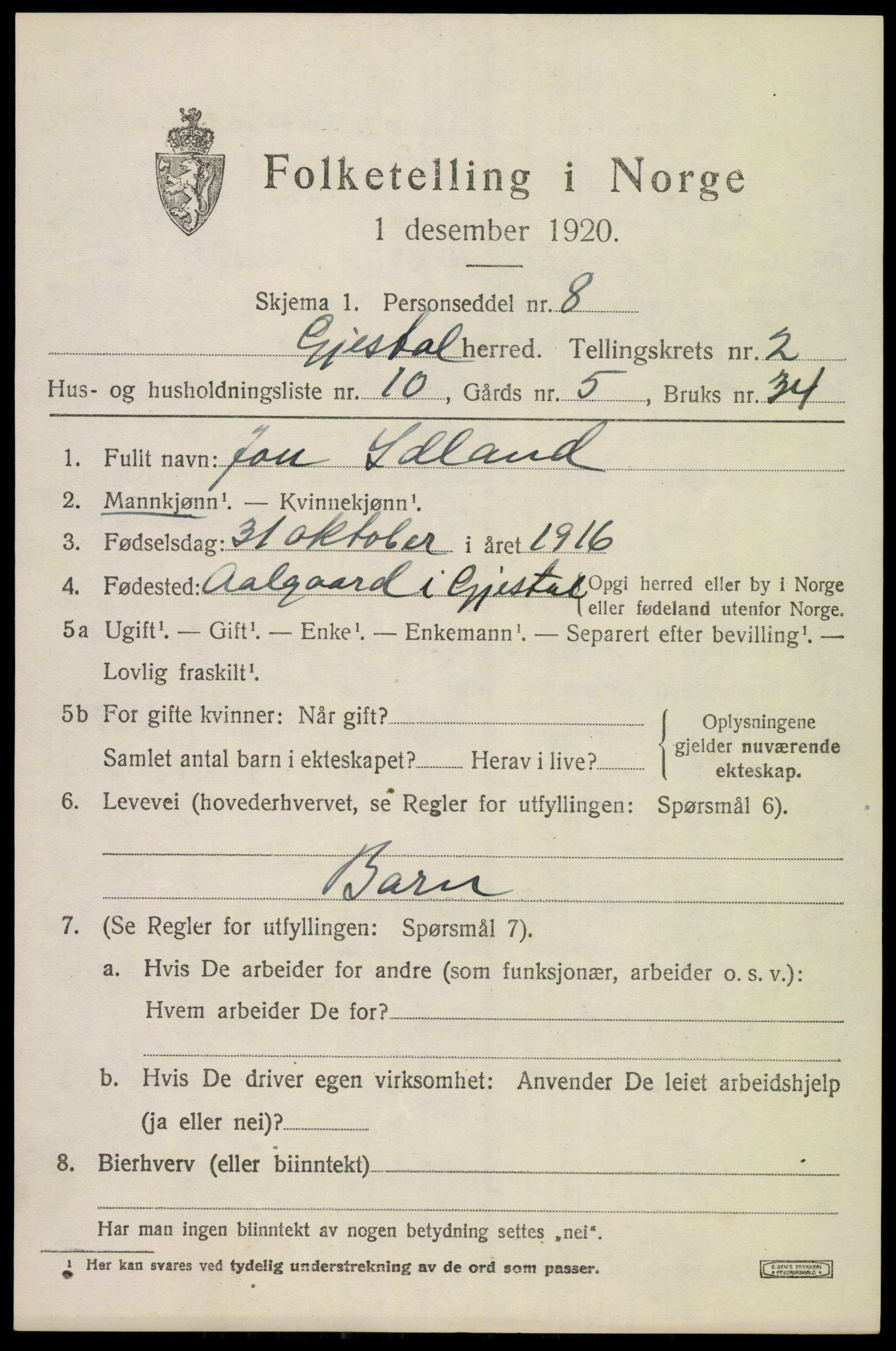 SAST, 1920 census for Gjesdal, 1920, p. 1580