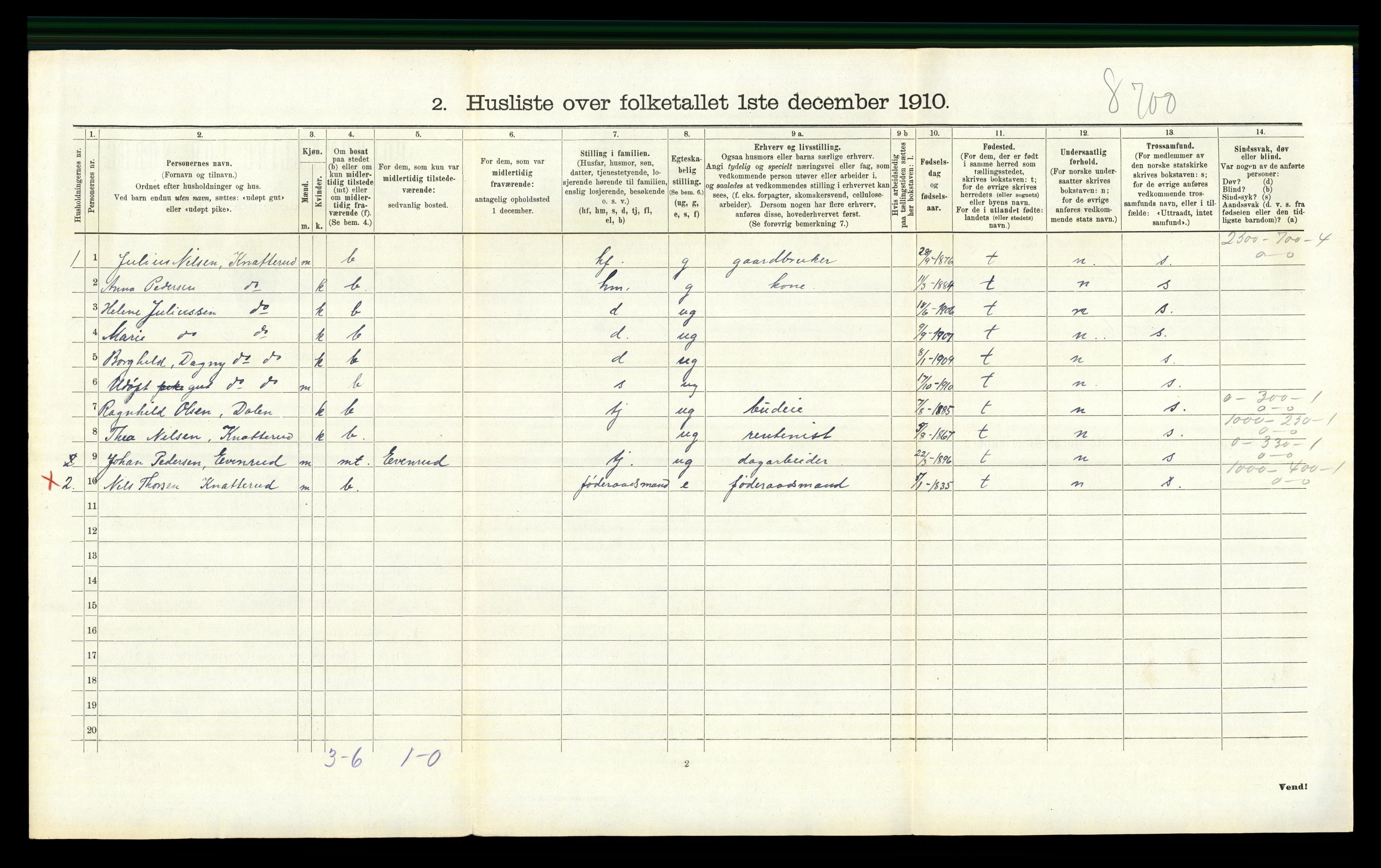 RA, 1910 census for Nes, 1910, p. 508