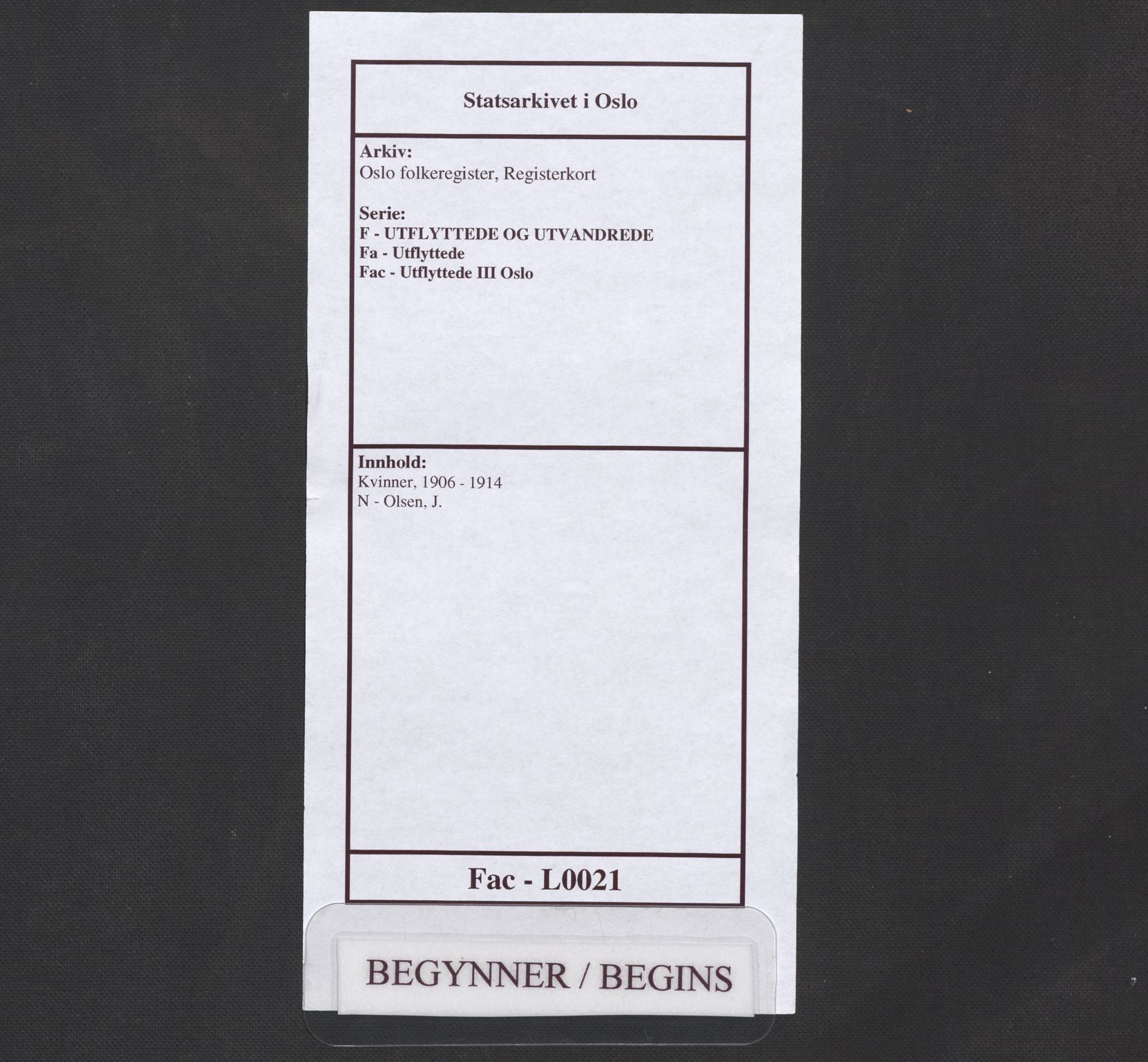 Oslo folkeregister, Registerkort, AV/SAO-A-11715/F/Fa/Fac/L0021: Kvinner, 1906-1914