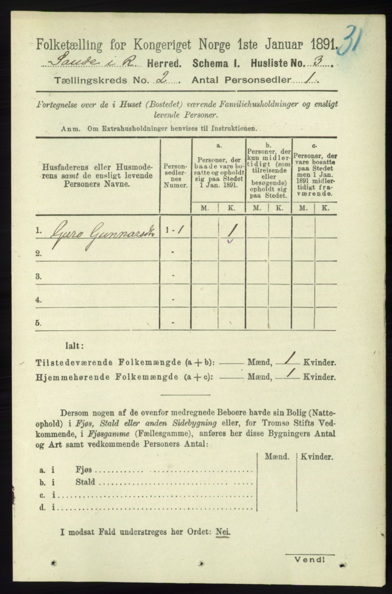 RA, 1891 census for 1135 Sauda, 1891, p. 526