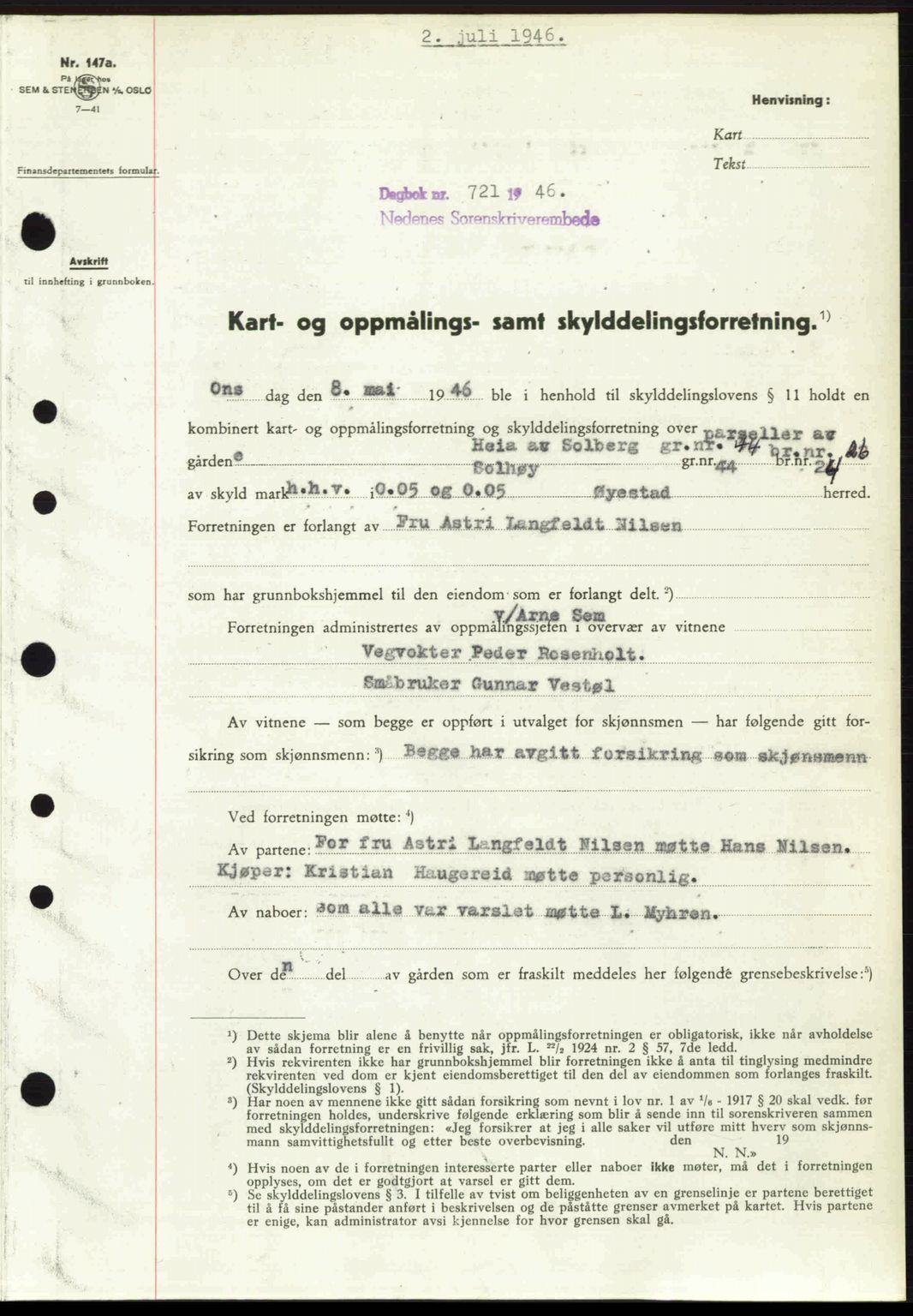 Nedenes sorenskriveri, SAK/1221-0006/G/Gb/Gba/L0055: Mortgage book no. A7, 1946-1946, Diary no: : 721/1946