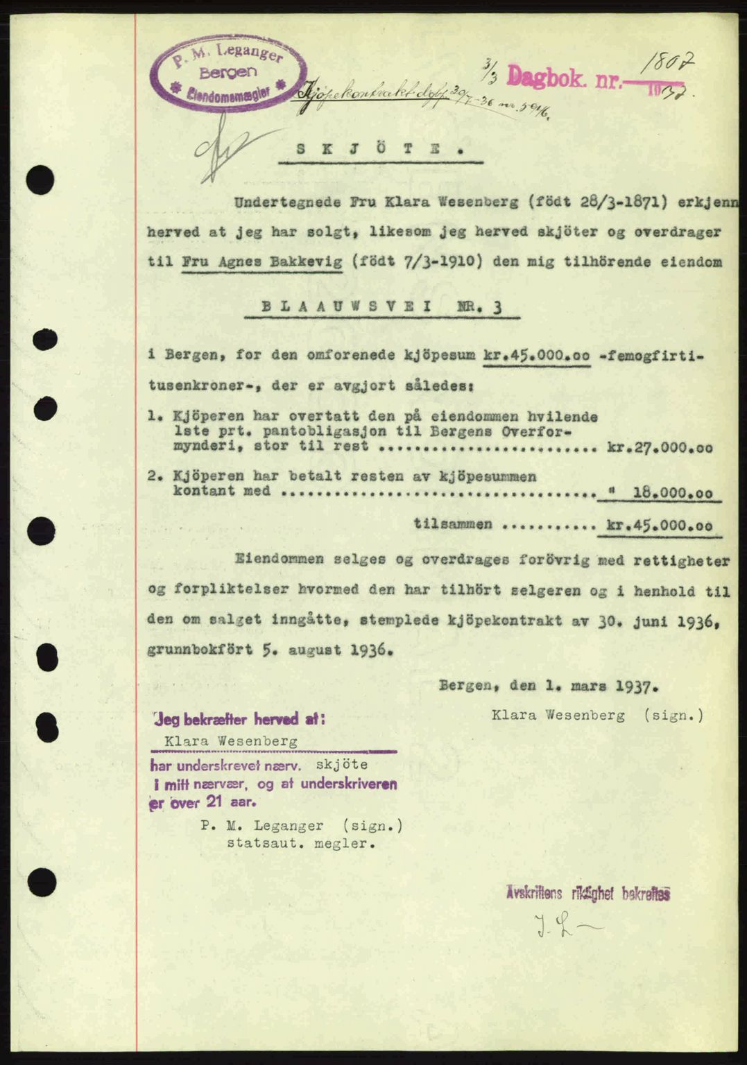 Byfogd og Byskriver i Bergen, SAB/A-3401/03/03Bc/L0004: Mortgage book no. A3-4, 1936-1937, Diary no: : 1807/1937