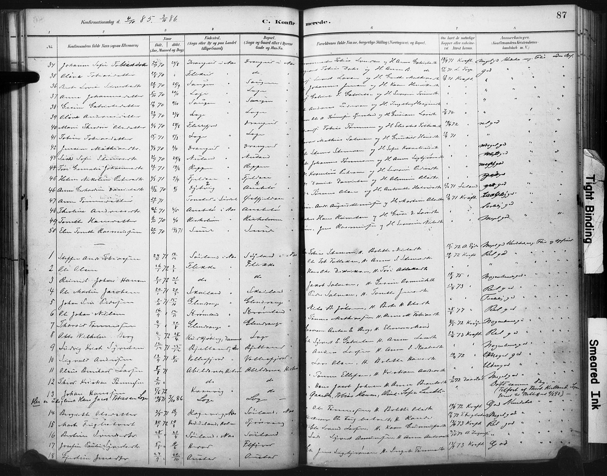 Flekkefjord sokneprestkontor, SAK/1111-0012/F/Fa/Fac/L0008: Parish register (official) no. A 8, 1885-1898, p. 87