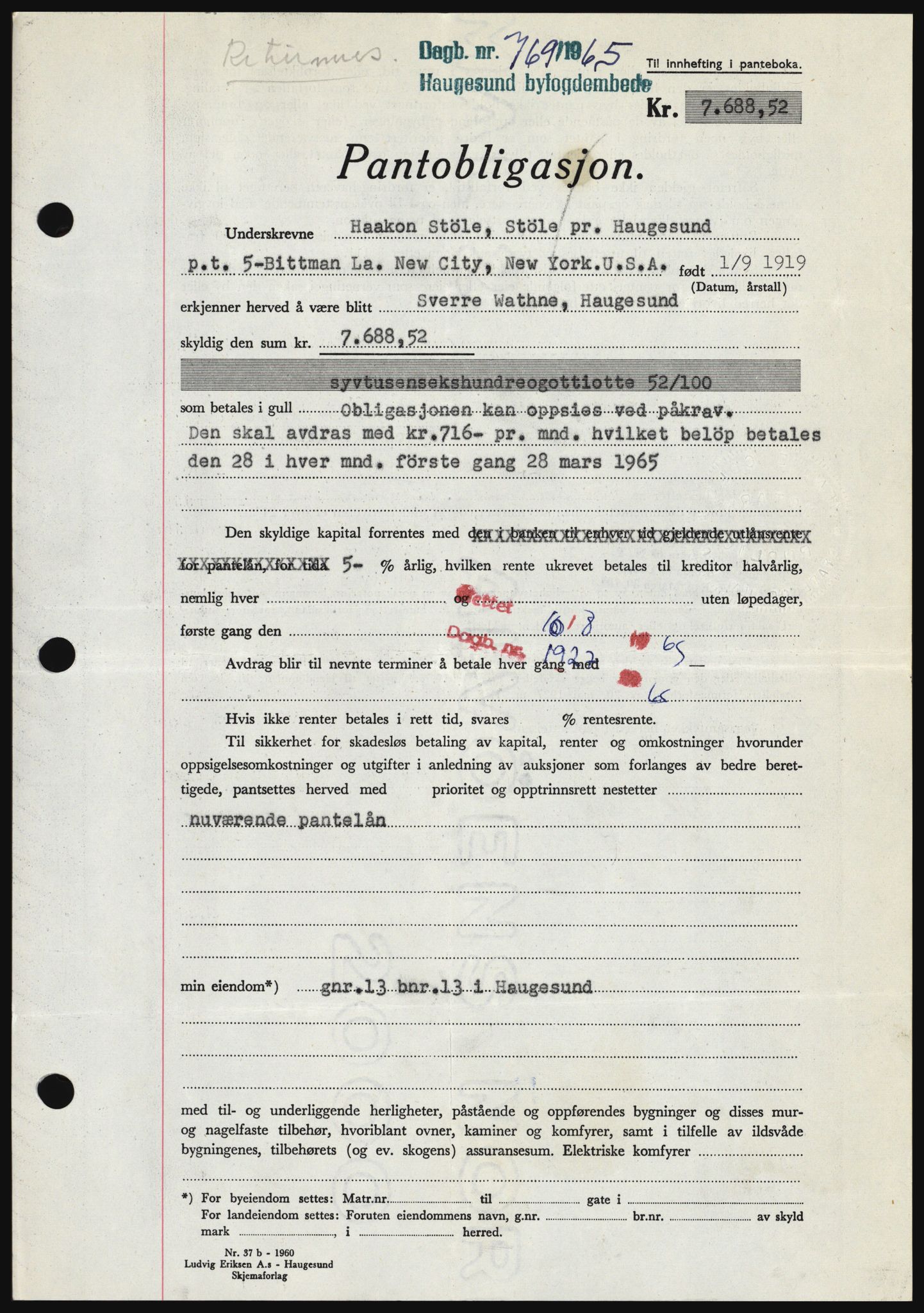 Haugesund tingrett, SAST/A-101415/01/II/IIC/L0053: Mortgage book no. B 53, 1965-1965, Diary no: : 769/1965