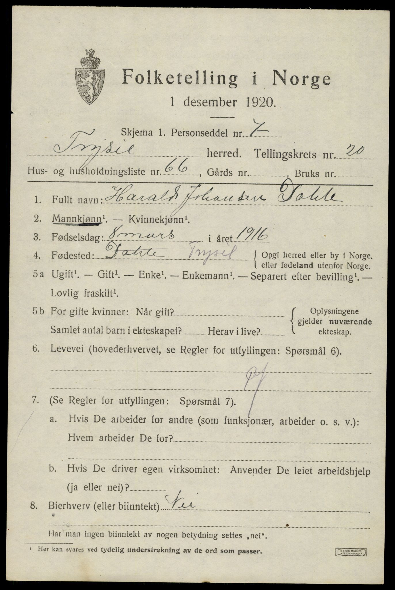 SAH, 1920 census for Trysil, 1920, p. 13757