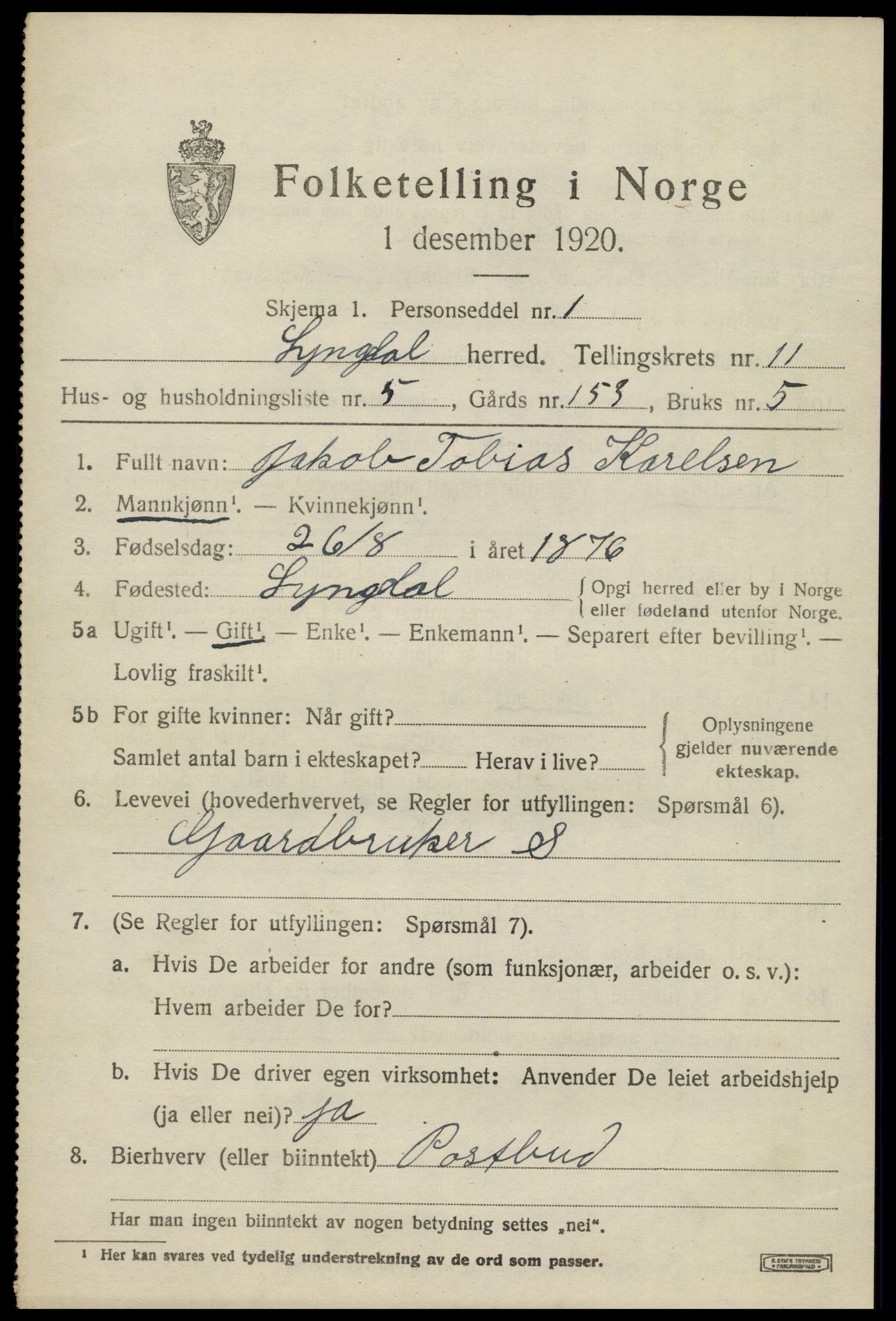 SAK, 1920 census for Lyngdal, 1920, p. 5331