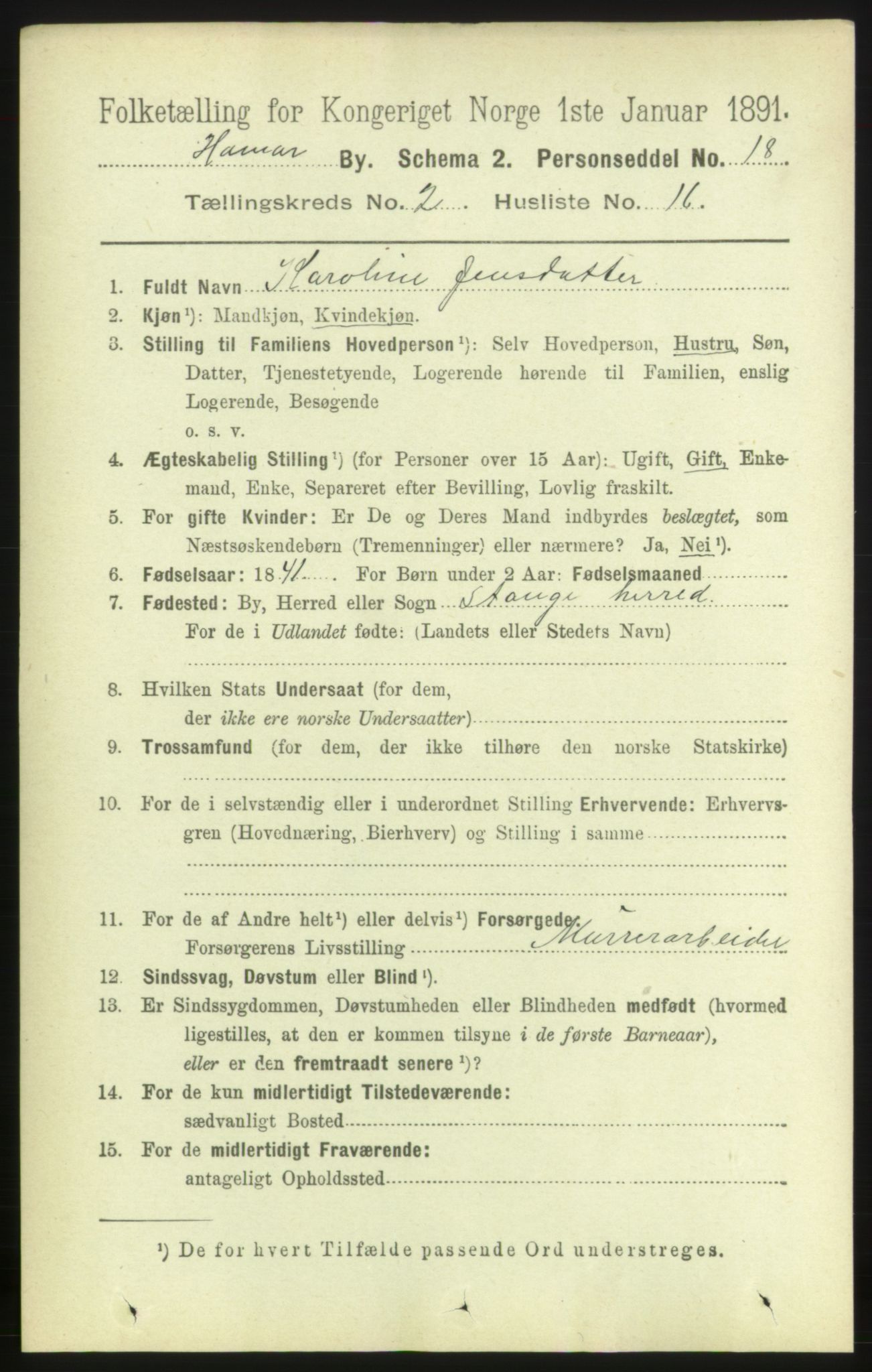 RA, 1891 census for 0401 Hamar, 1891, p. 1215