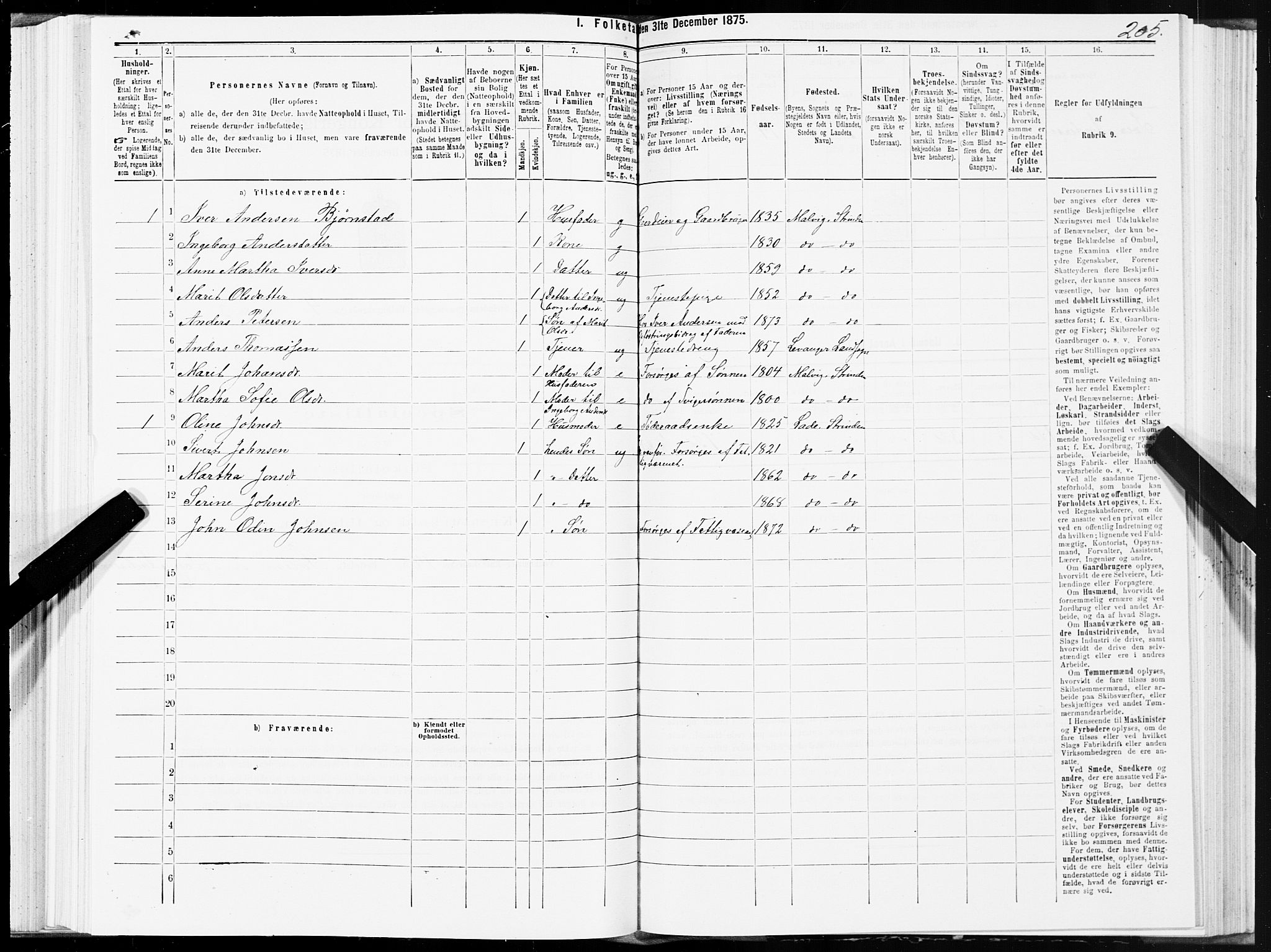 SAT, 1875 census for 1660P Strinda, 1875, p. 2205