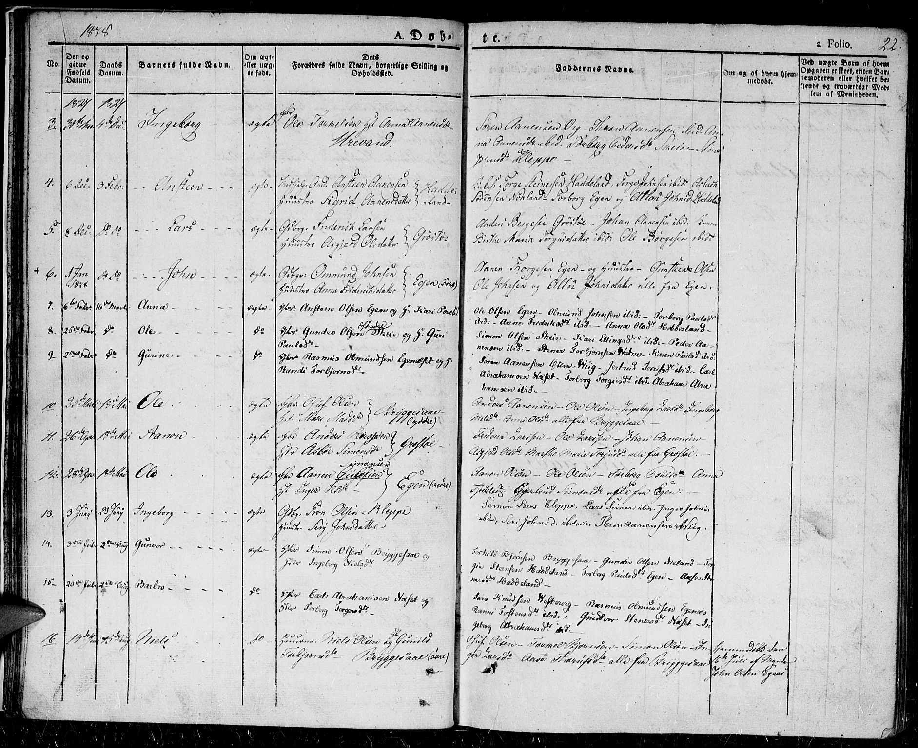 Hægebostad sokneprestkontor, AV/SAK-1111-0024/F/Fa/Fab/L0001: Parish register (official) no. A 1, 1823-1867, p. 22