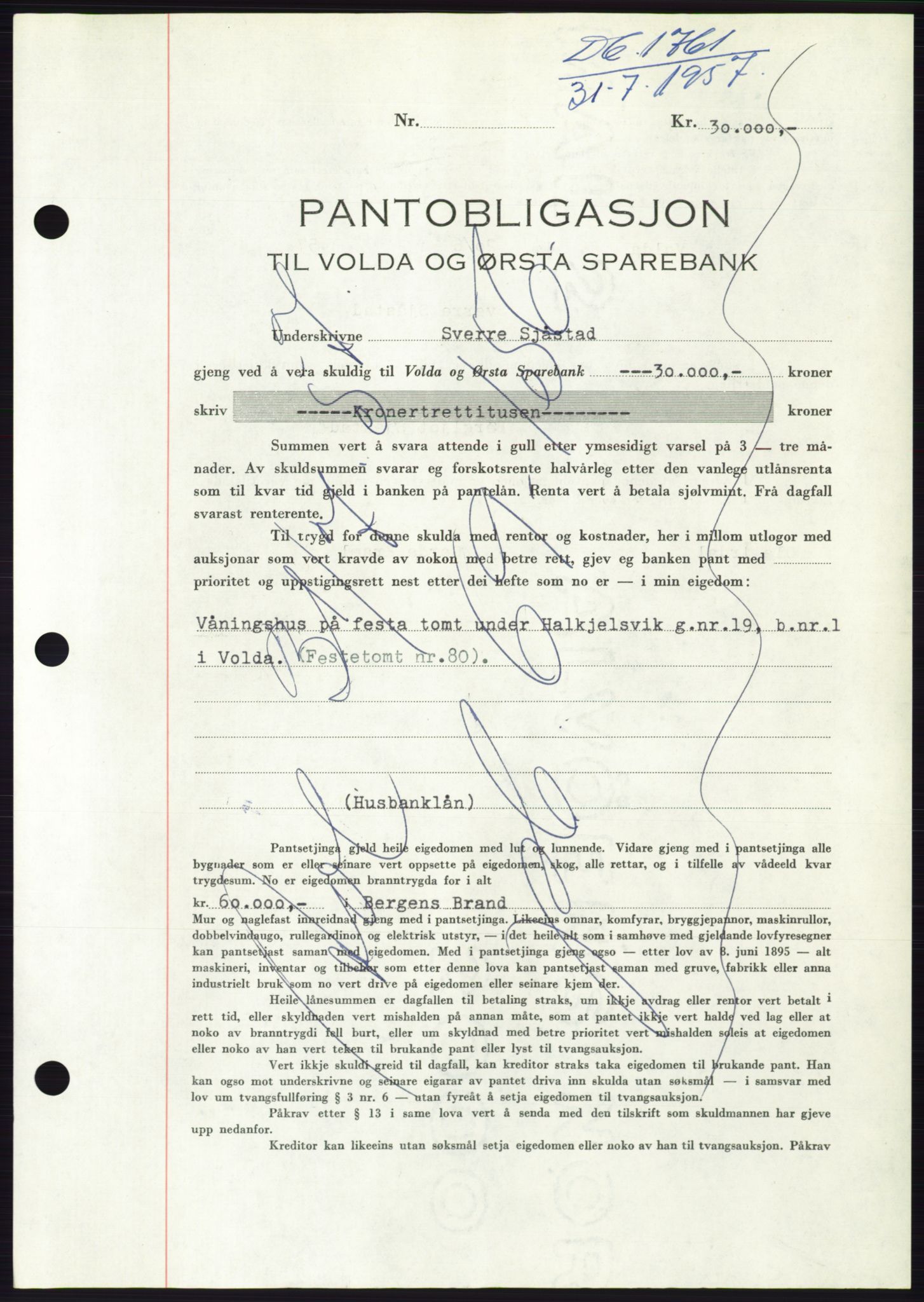 Søre Sunnmøre sorenskriveri, AV/SAT-A-4122/1/2/2C/L0130: Mortgage book no. 18B, 1957-1958, Diary no: : 1761/1957