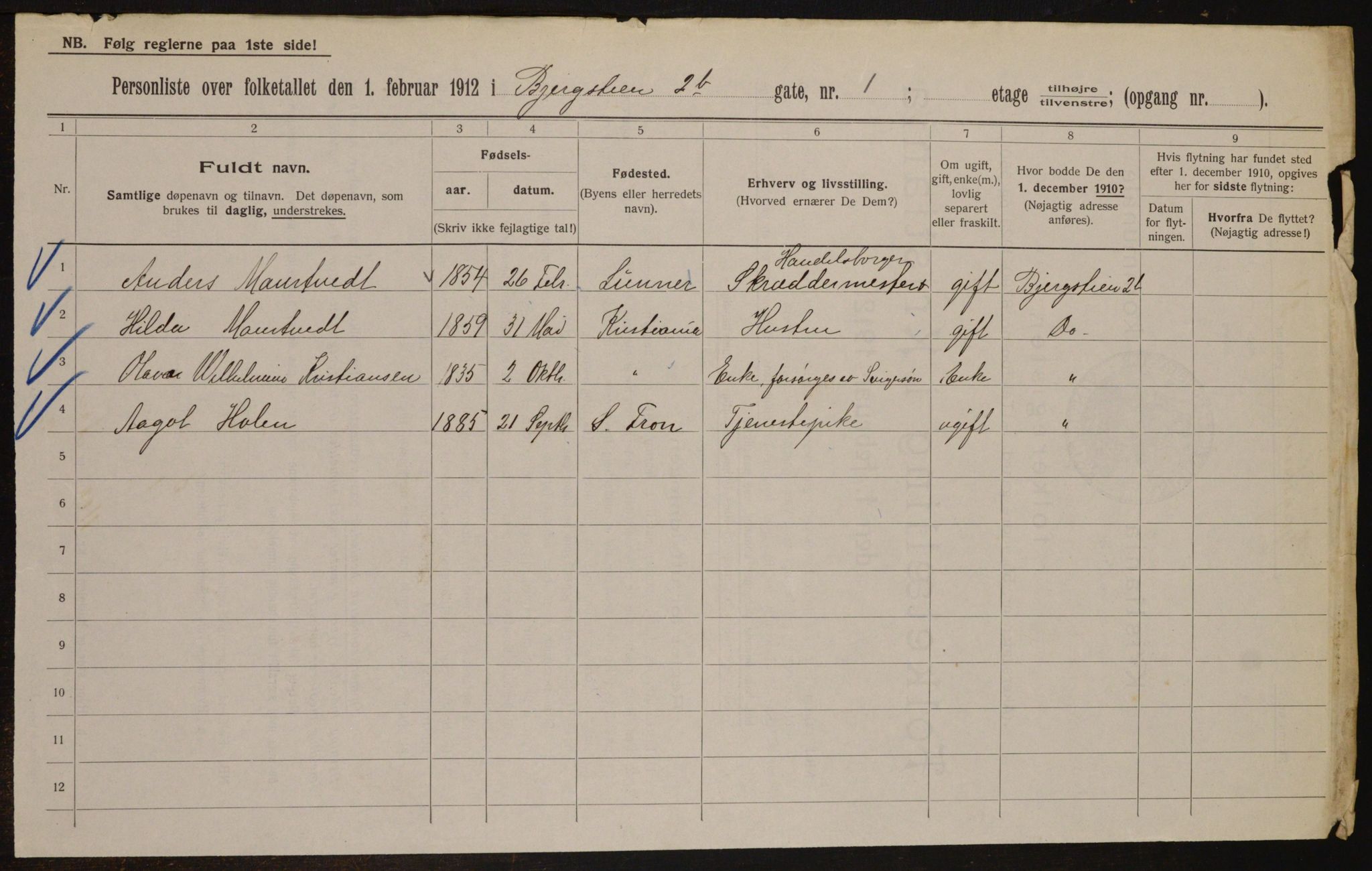 OBA, Municipal Census 1912 for Kristiania, 1912, p. 4322