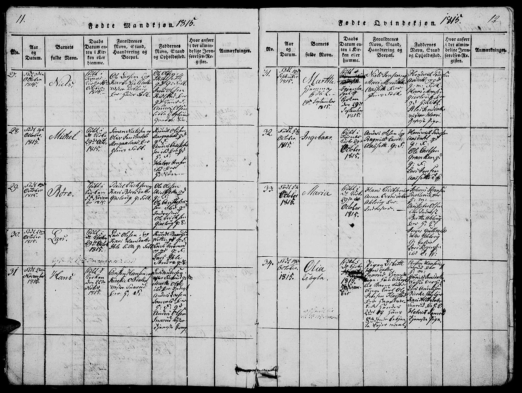 Vang prestekontor, Hedmark, SAH/PREST-008/H/Ha/Hab/L0005: Parish register (copy) no. 5, 1815-1836, p. 11-12