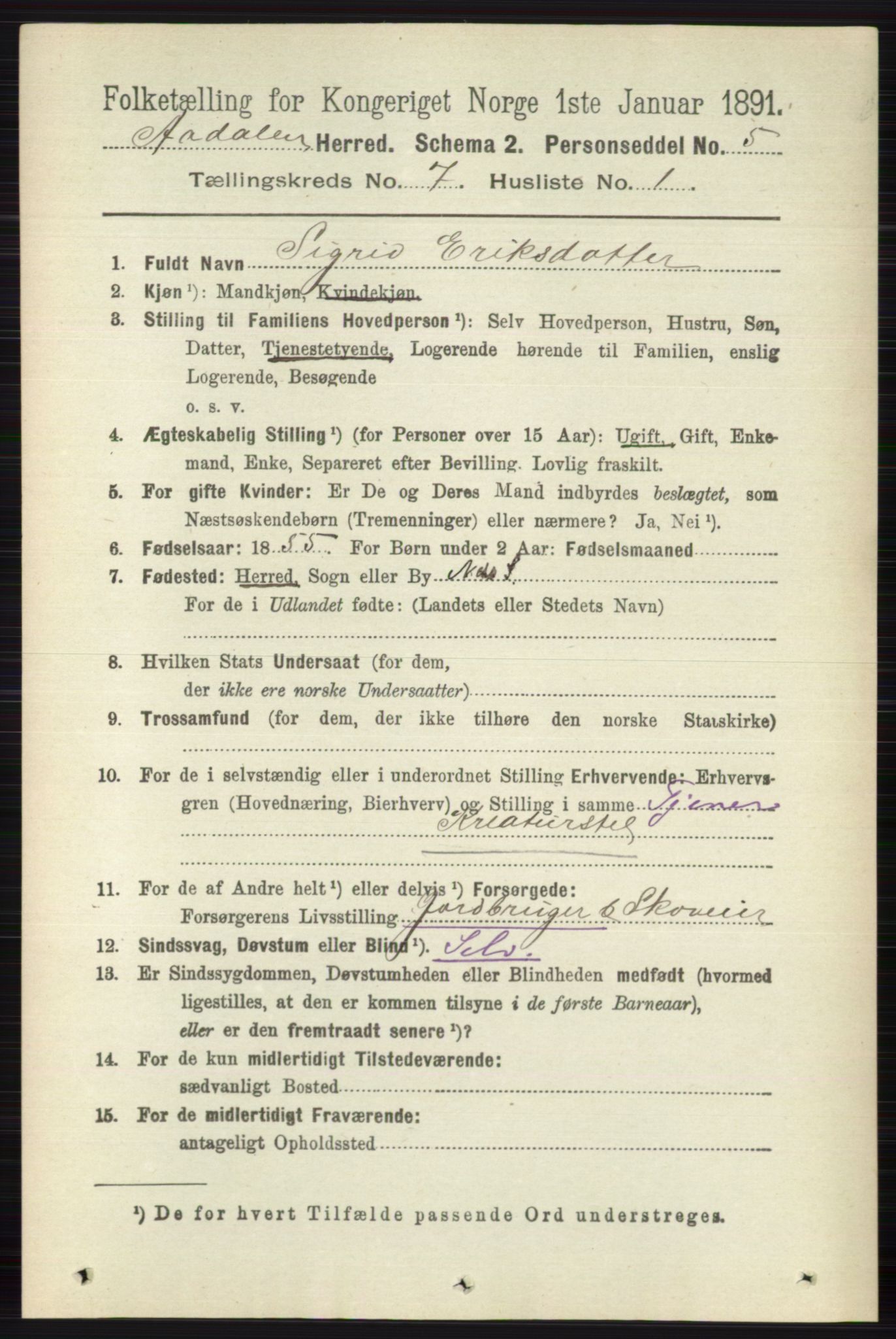 RA, 1891 census for 0614 Ådal, 1891, p. 3040