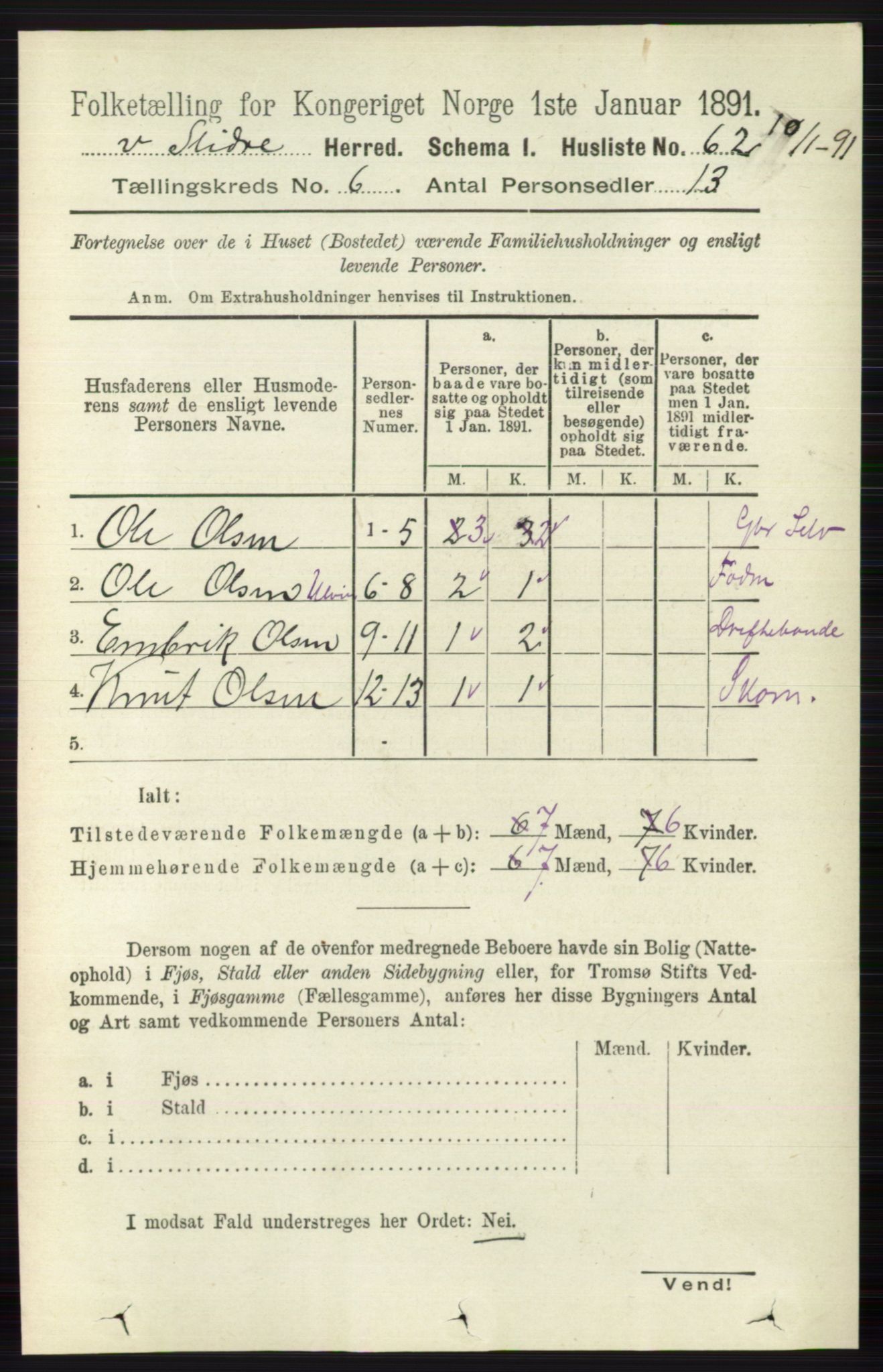 RA, 1891 census for 0543 Vestre Slidre, 1891, p. 2051