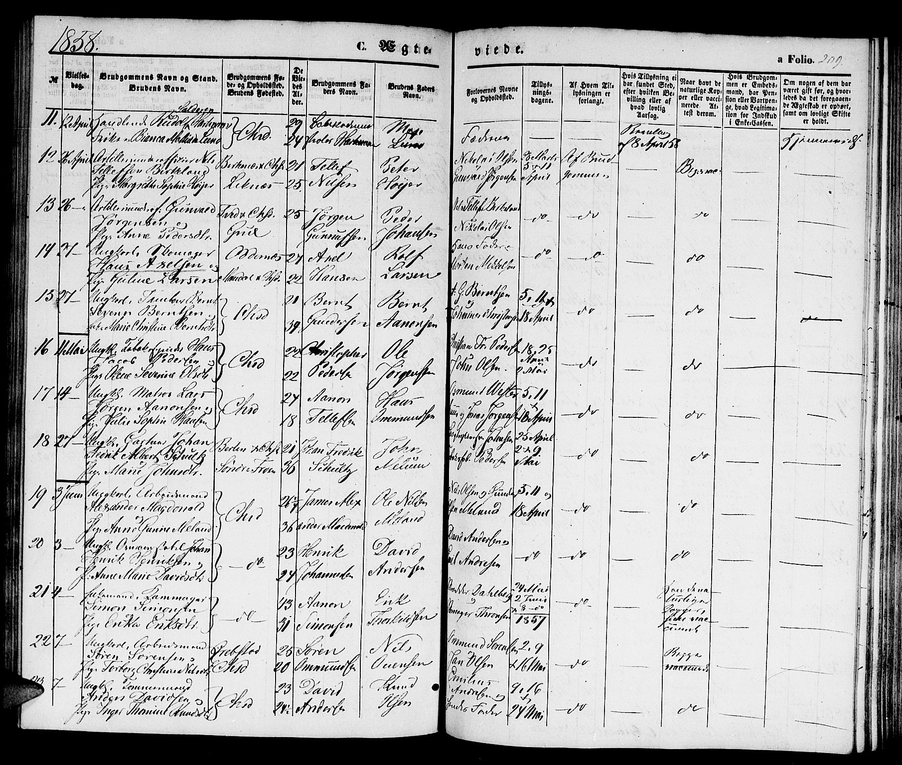 Kristiansand domprosti, SAK/1112-0006/F/Fb/L0011: Parish register (copy) no. B 11, 1851-1861, p. 209