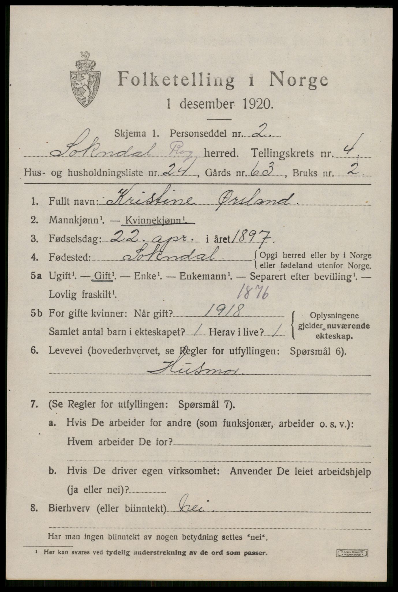 SAST, 1920 census for Sokndal, 1920, p. 3101