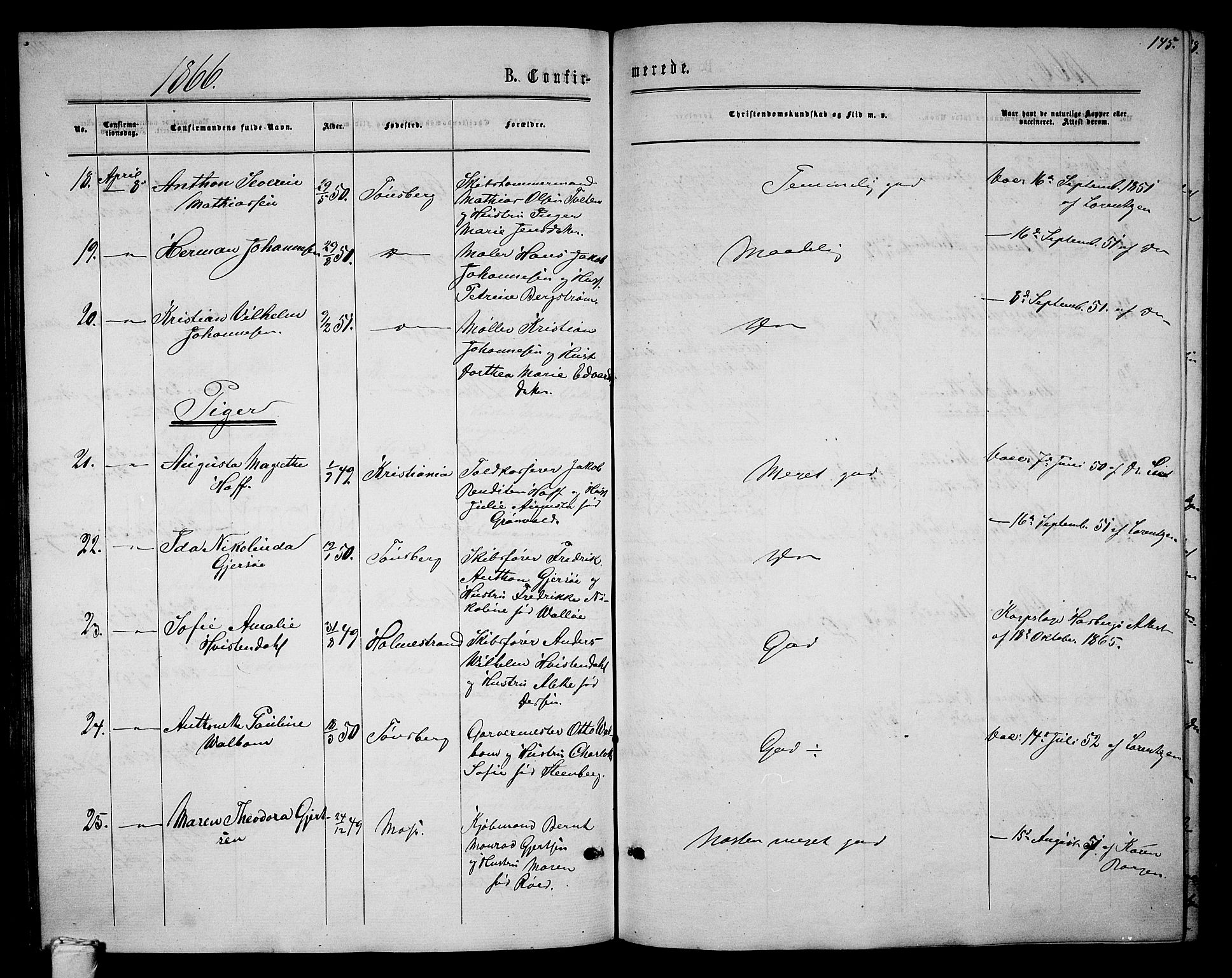 Tønsberg kirkebøker, AV/SAKO-A-330/G/Ga/L0004: Parish register (copy) no. 4, 1865-1874, p. 145