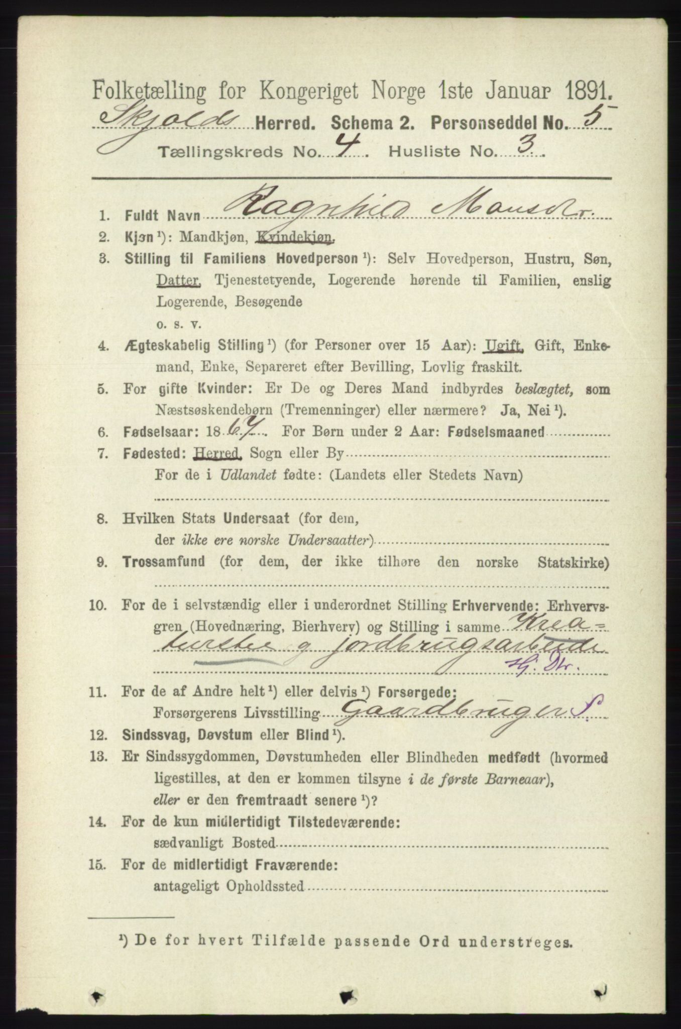 RA, 1891 census for 1154 Skjold, 1891, p. 563