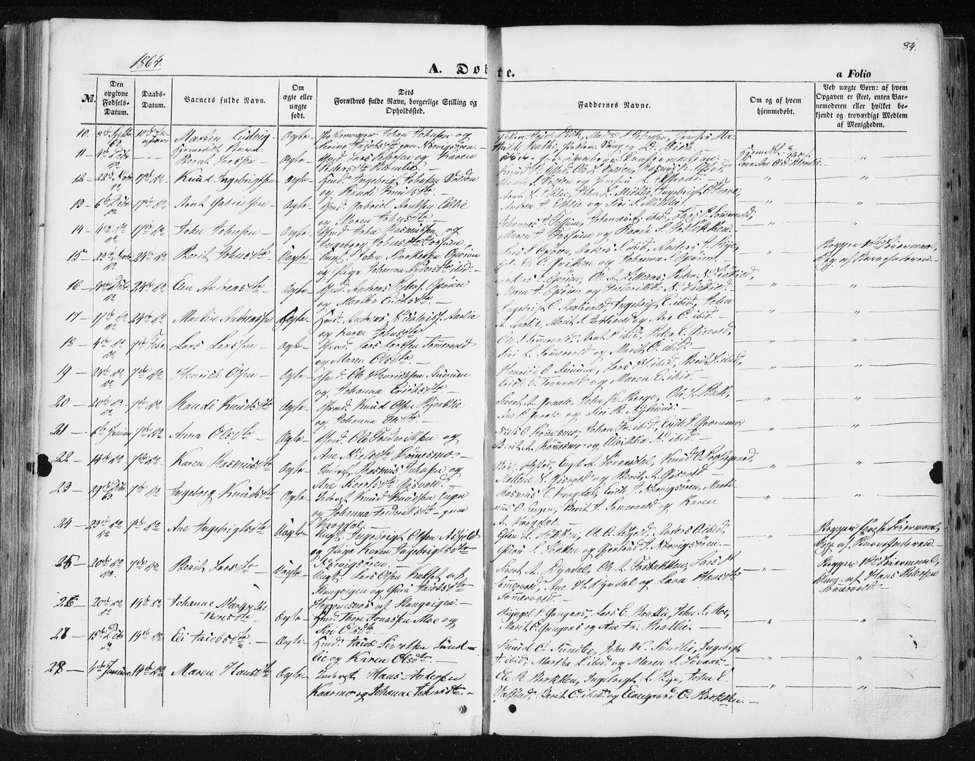Ministerialprotokoller, klokkerbøker og fødselsregistre - Sør-Trøndelag, SAT/A-1456/668/L0806: Parish register (official) no. 668A06, 1854-1869, p. 84