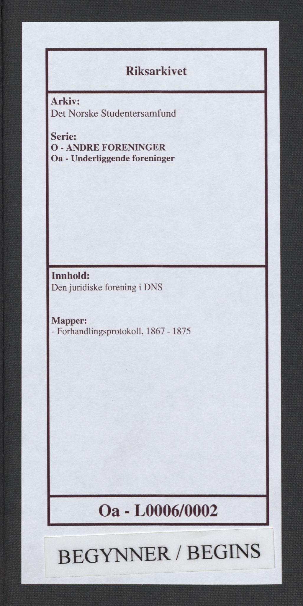 Det Norske Studentersamfund, RA/PA-1322/O/Oa/L0006/0002: Den juridiske forening i DNS / Forhandlingsprotokoll, 1867-1875, p. 1