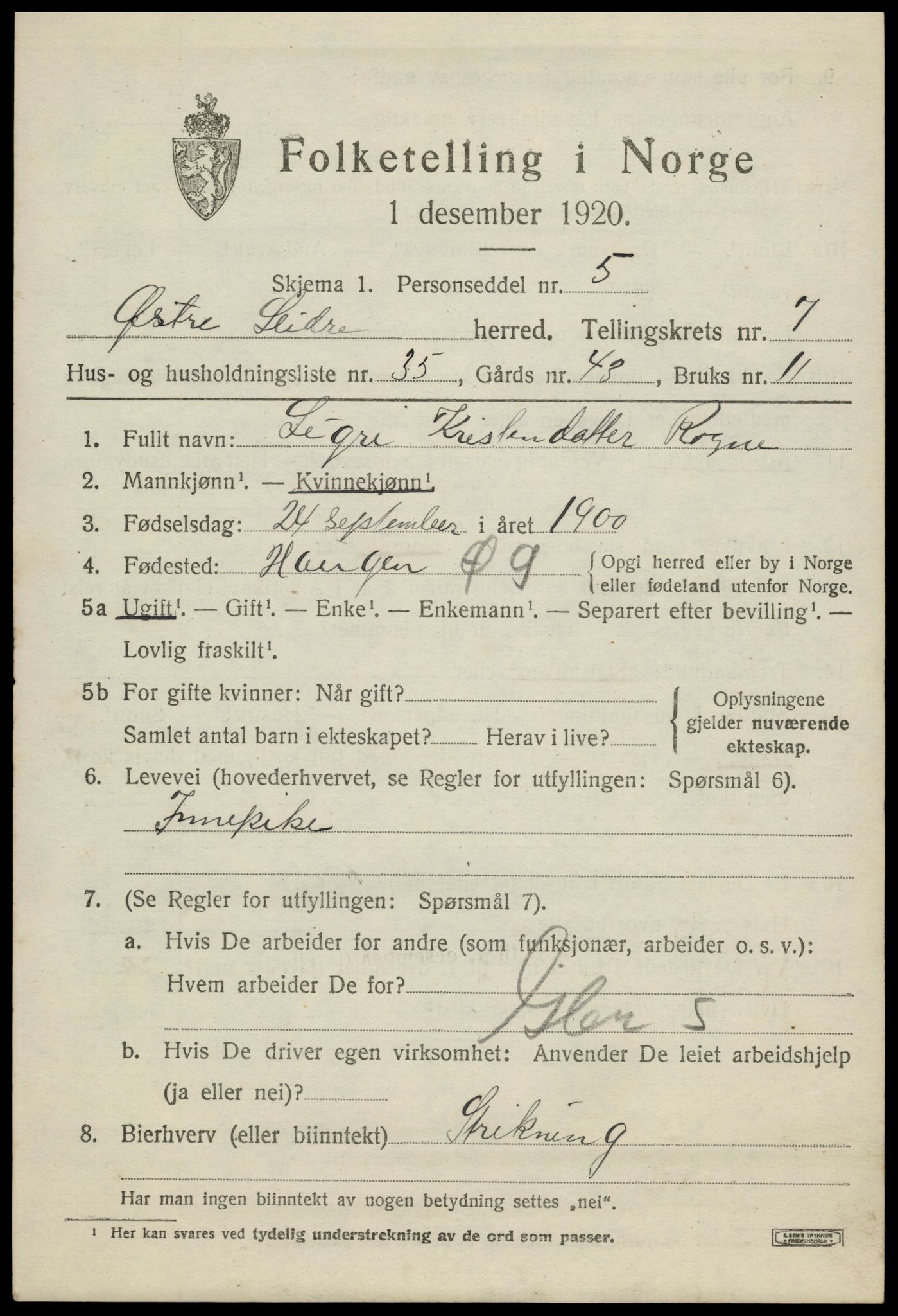 SAH, 1920 census for Øystre Slidre, 1920, p. 4399