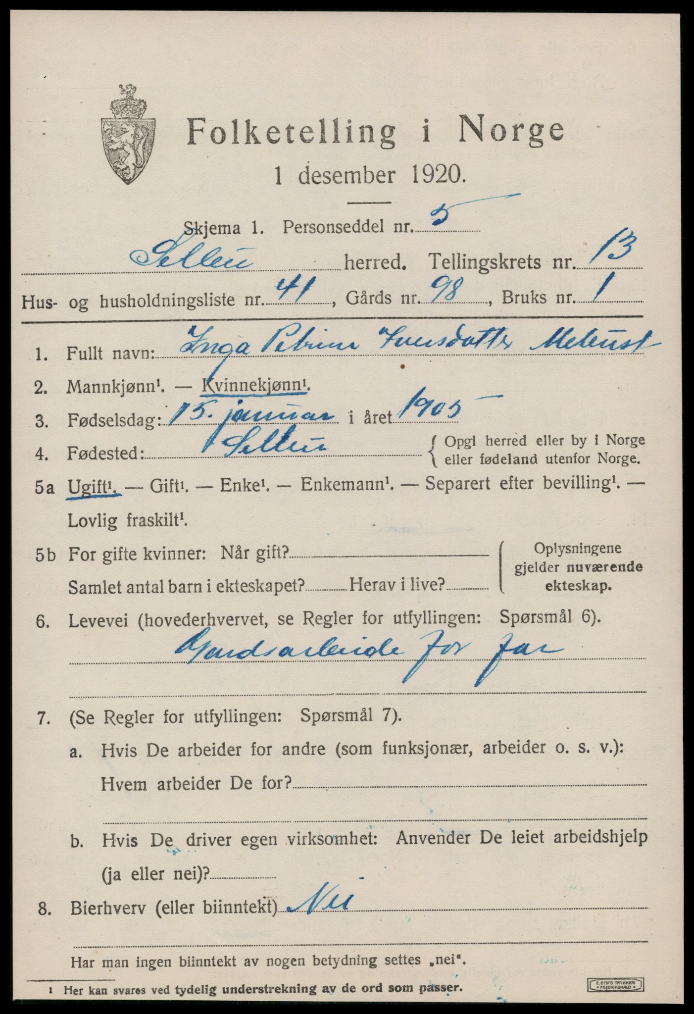 SAT, 1920 census for Selbu, 1920, p. 7444