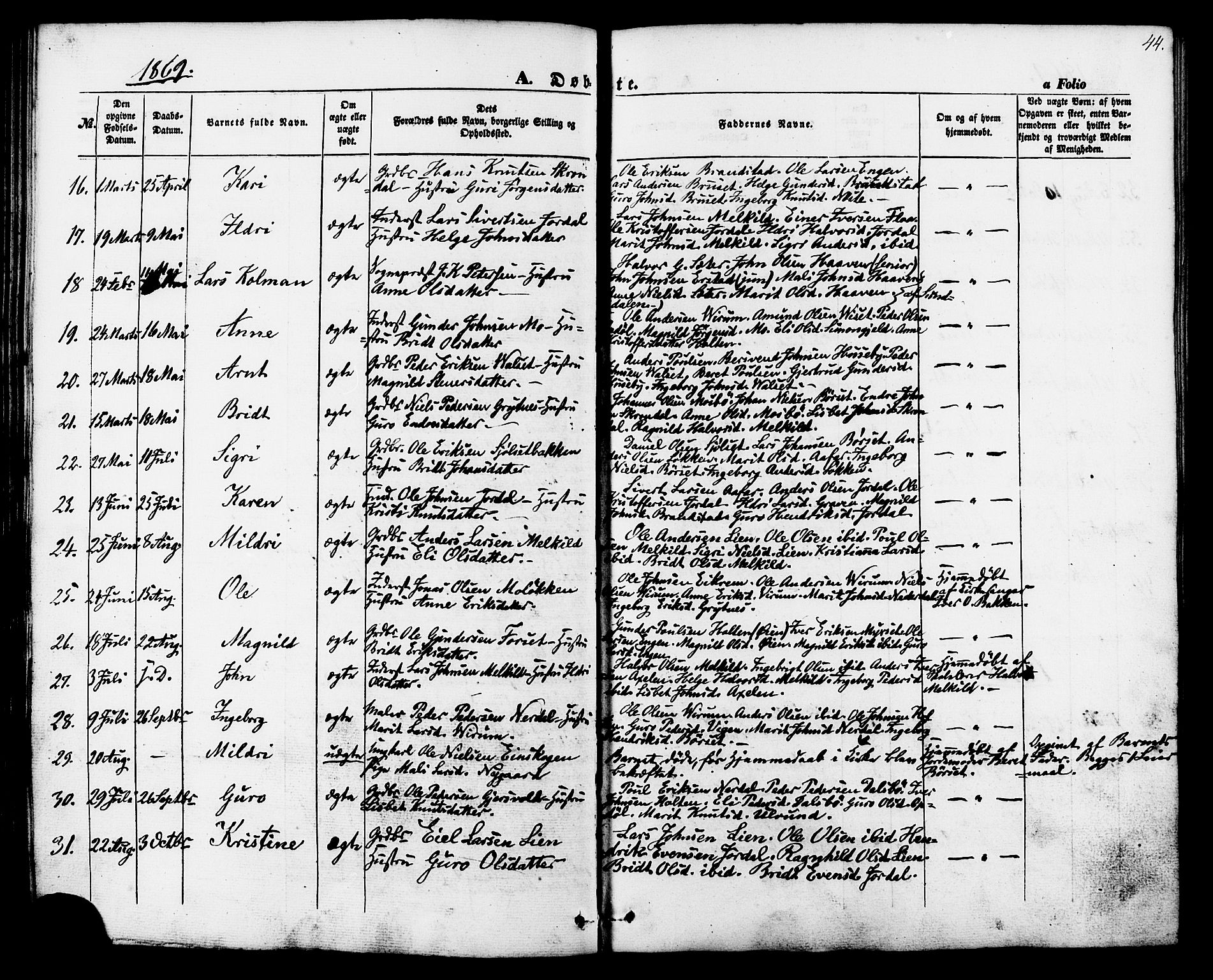 Ministerialprotokoller, klokkerbøker og fødselsregistre - Møre og Romsdal, AV/SAT-A-1454/588/L1004: Parish register (official) no. 588A01, 1854-1870, p. 44