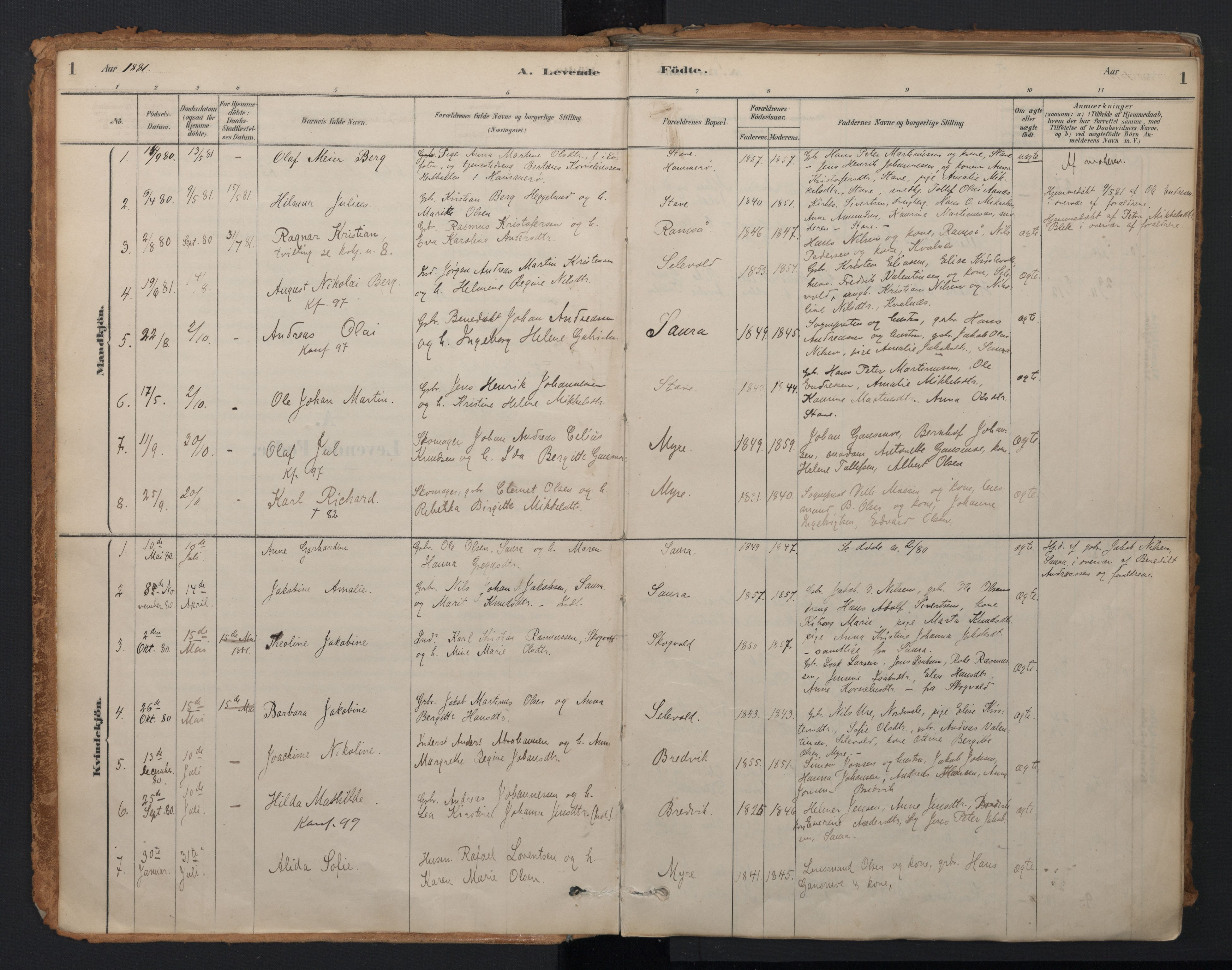 Ministerialprotokoller, klokkerbøker og fødselsregistre - Nordland, AV/SAT-A-1459/897/L1399: Parish register (official) no. 897A06, 1881-1896, p. 1