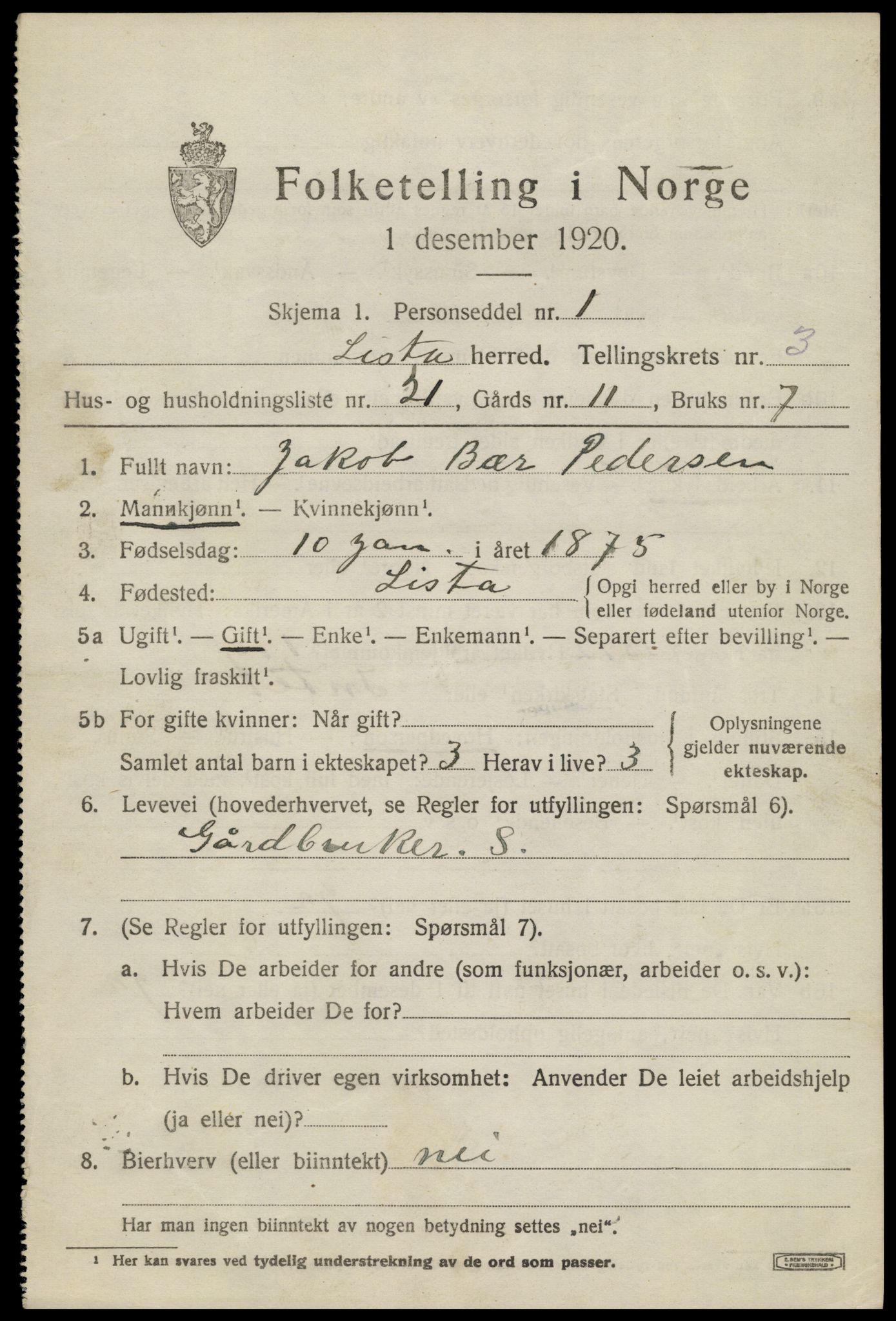 SAK, 1920 census for Lista, 1920, p. 4623