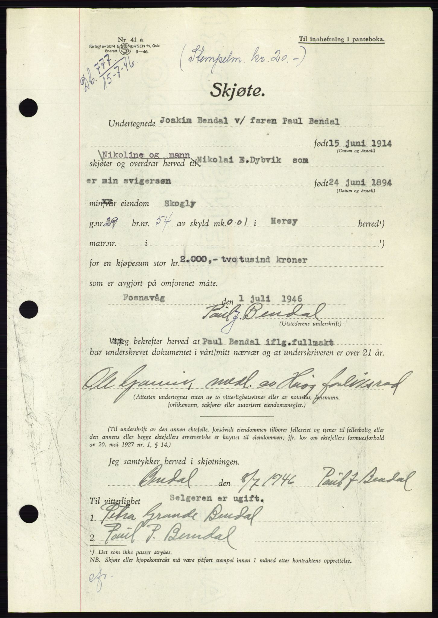 Søre Sunnmøre sorenskriveri, AV/SAT-A-4122/1/2/2C/L0078: Mortgage book no. 4A, 1946-1946, Diary no: : 777/1946